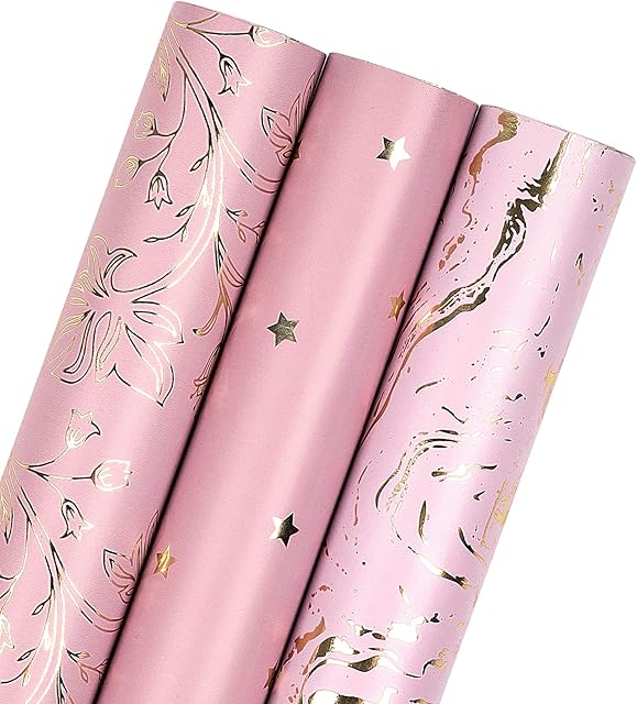 RUSPEPA Rolka papieru do owijania - różowy marmur/kwiatowy/gwiazdy, idealny na urodziny, święta, Dzień Matki, ślub, walentynki, ukończenie szkoły baby shower - 3 rolki - 76 cm x 305 cm