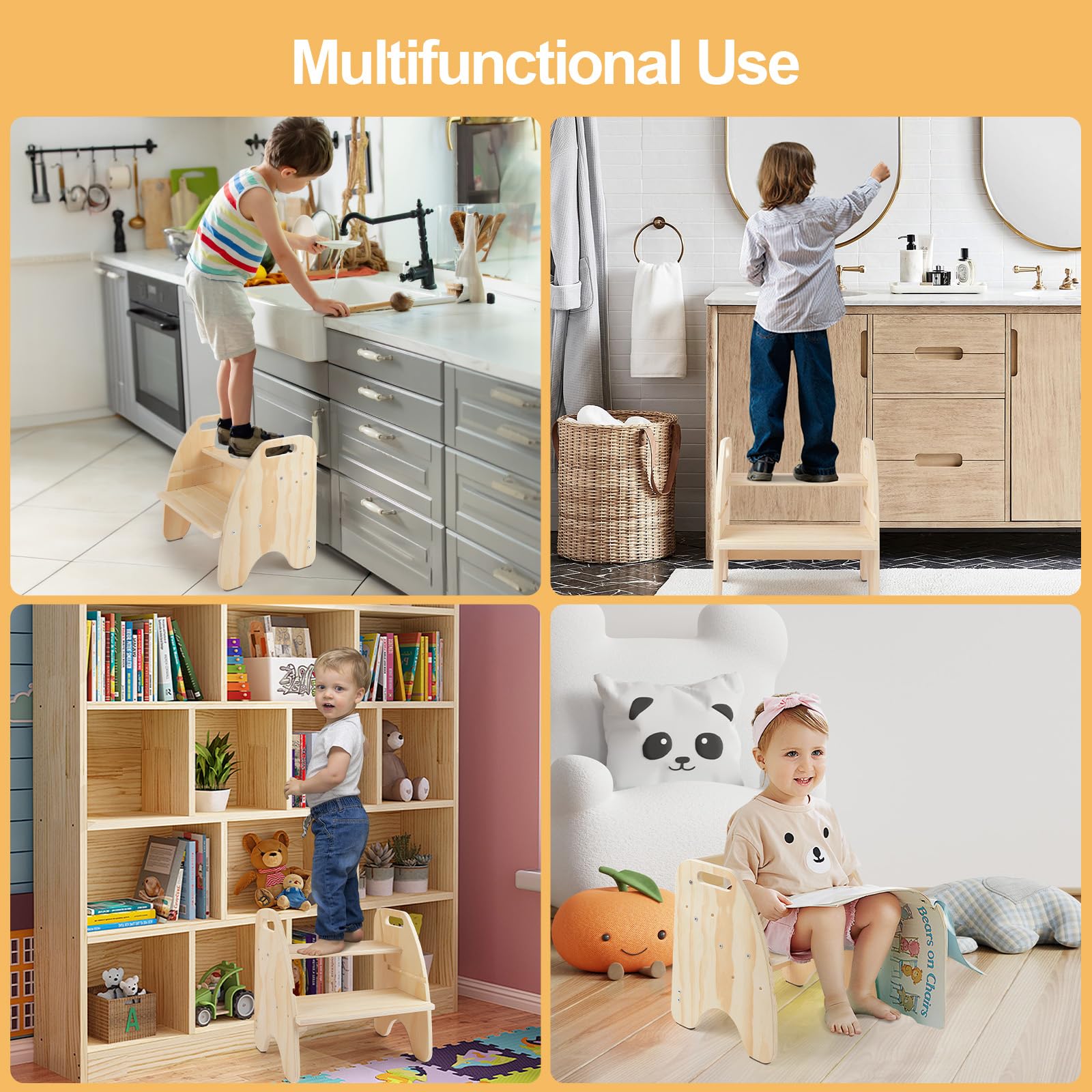 comfoyar Tritthocker Kinder Holz, 2 Stufenhocker für Kinder mit Griff und Rutschschutzkissen, Cabrio Stuhl mit Rückenlehne, Höhenverstellbar Töpfchentraining Hocker für Badezimmer Schlafzimmer Küche