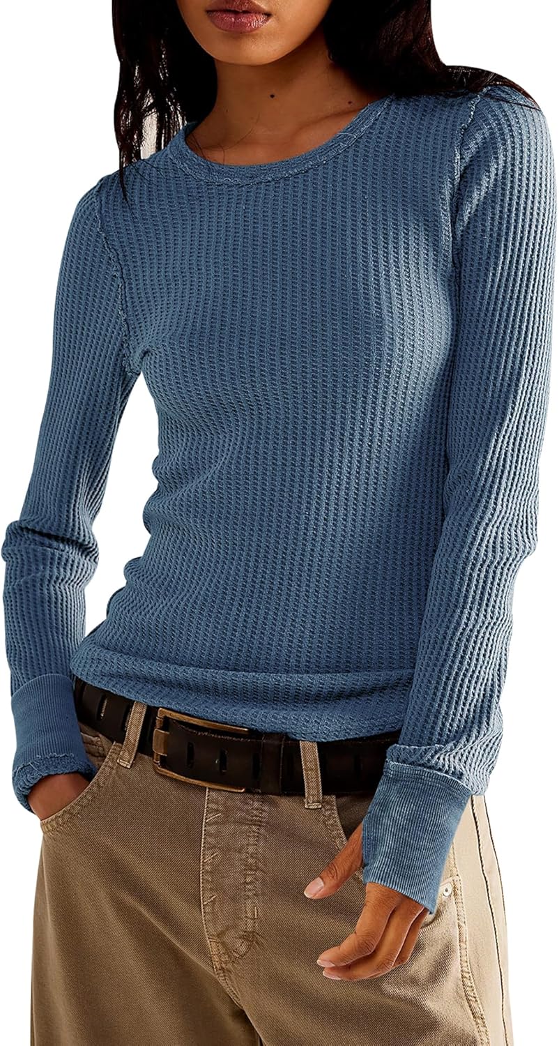 Women's Waffle Knit Tops Long Sleeve Shirts Casual Slim Fitted Crew Neck Pullover Shirts X-Small Deep Blue
