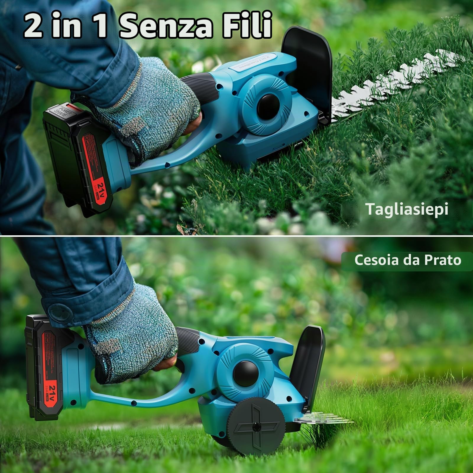 Taglia siepe Cesoia per Erba a Batteria 2-in-1 | 21V 3.0Ah con Caricabatterie | Base a Rotelle | Lame 22cm & 13cm | Compatibile con Comuni Batterie agli Ioni di Litio da 18V (BL1830 BL1850B)