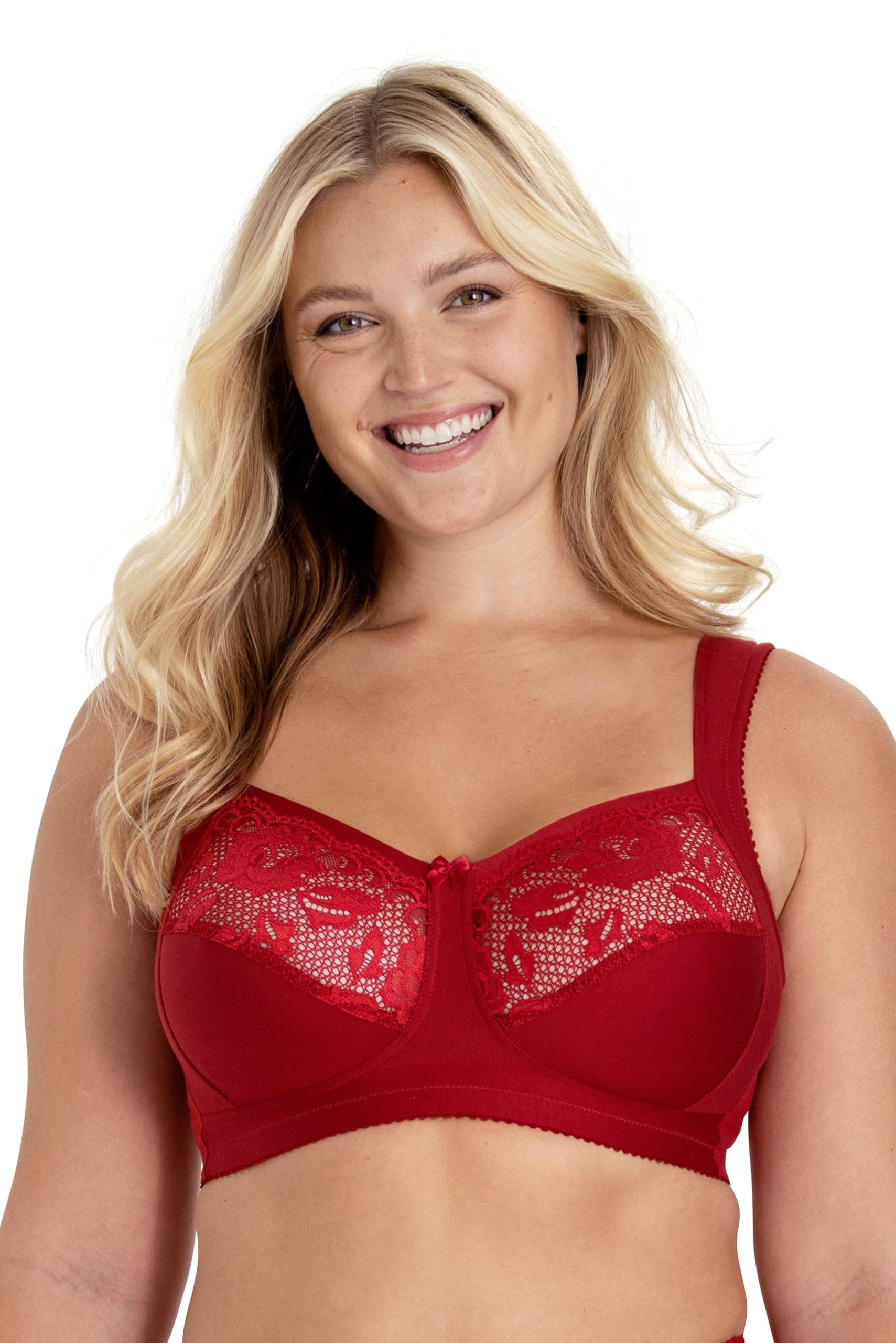 Miss Mary Of Sweden Women's Red Lovely Lace Support Non-Wi Comfort Cotton Bra 36G