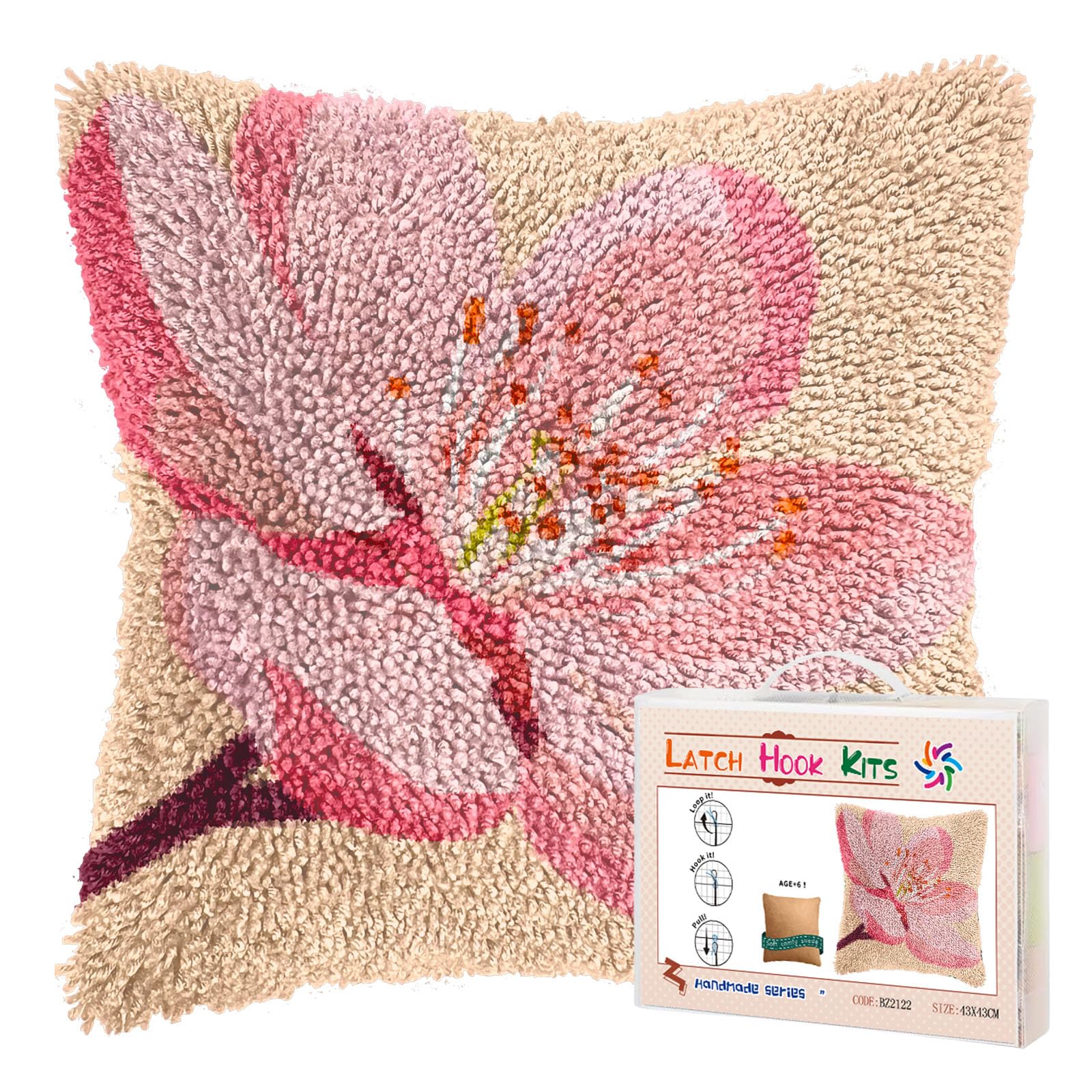 DIY Latch Hook Pillow Kits for Adults Cherry Flower Printed Pillowcase Crochet Yarns Hooking Handmade Pillow Cover Cushion for Home Sofa Decoration 17x17inch-3