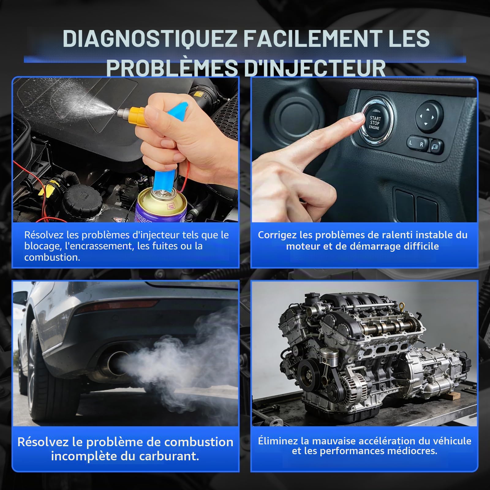 MRCARTOOL Testeur d'injecteur de Carburant pour Automobile 12V avec 4 Adaptateur de Nettoyage et 8 Modes d'impulsion pour Injecteurs de Carburant EFI GDI, Test Synchrone de 2 Injecteurs