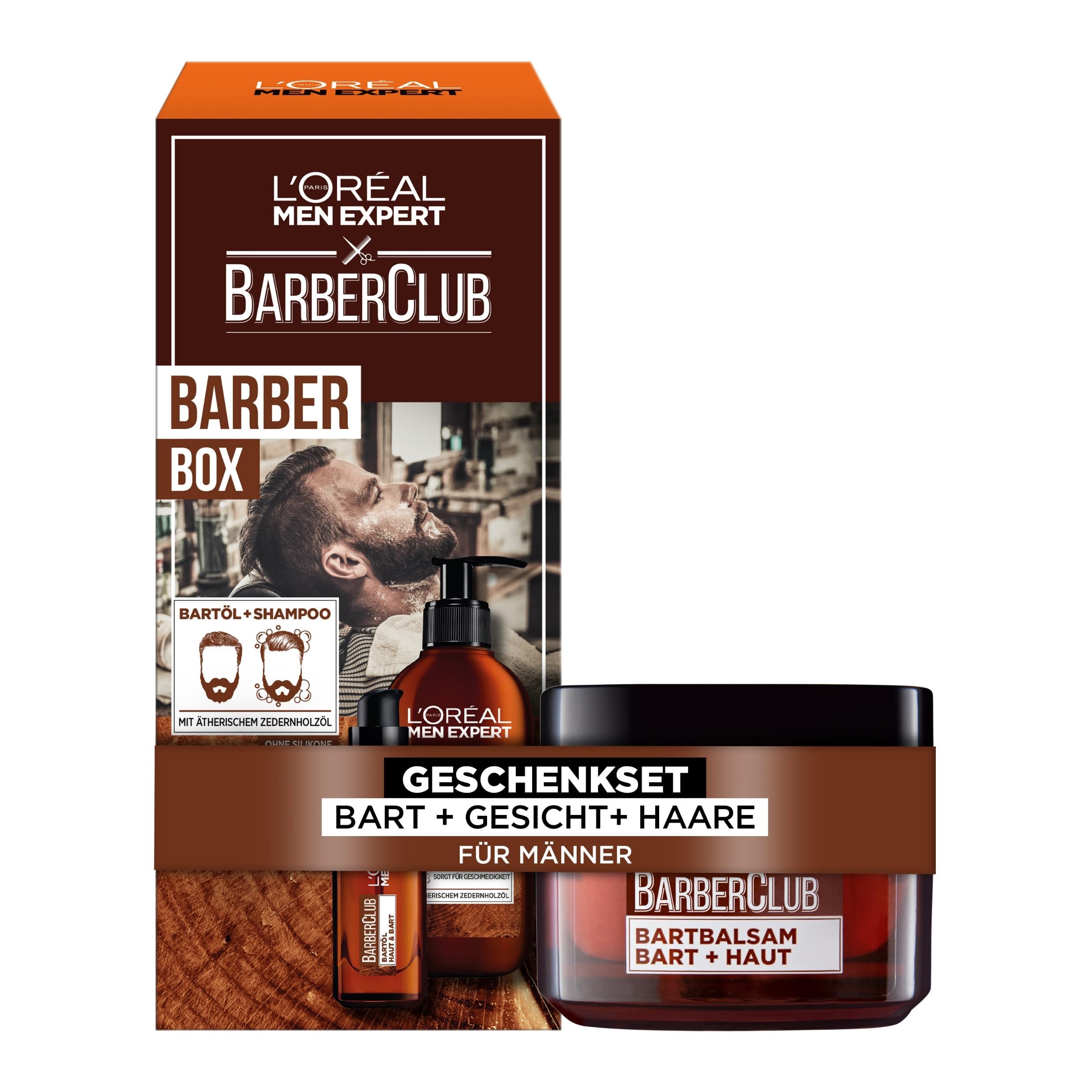 L'Oréal Men Expert Barber Club Advanced Pflegeset für Männer, Mit XXL Bartshampoo, Bartöl und Bartbalsam, Set für Herren mit holzigem Duft und ätherischem Zedernholzöl, Barber Club, 3-teilig