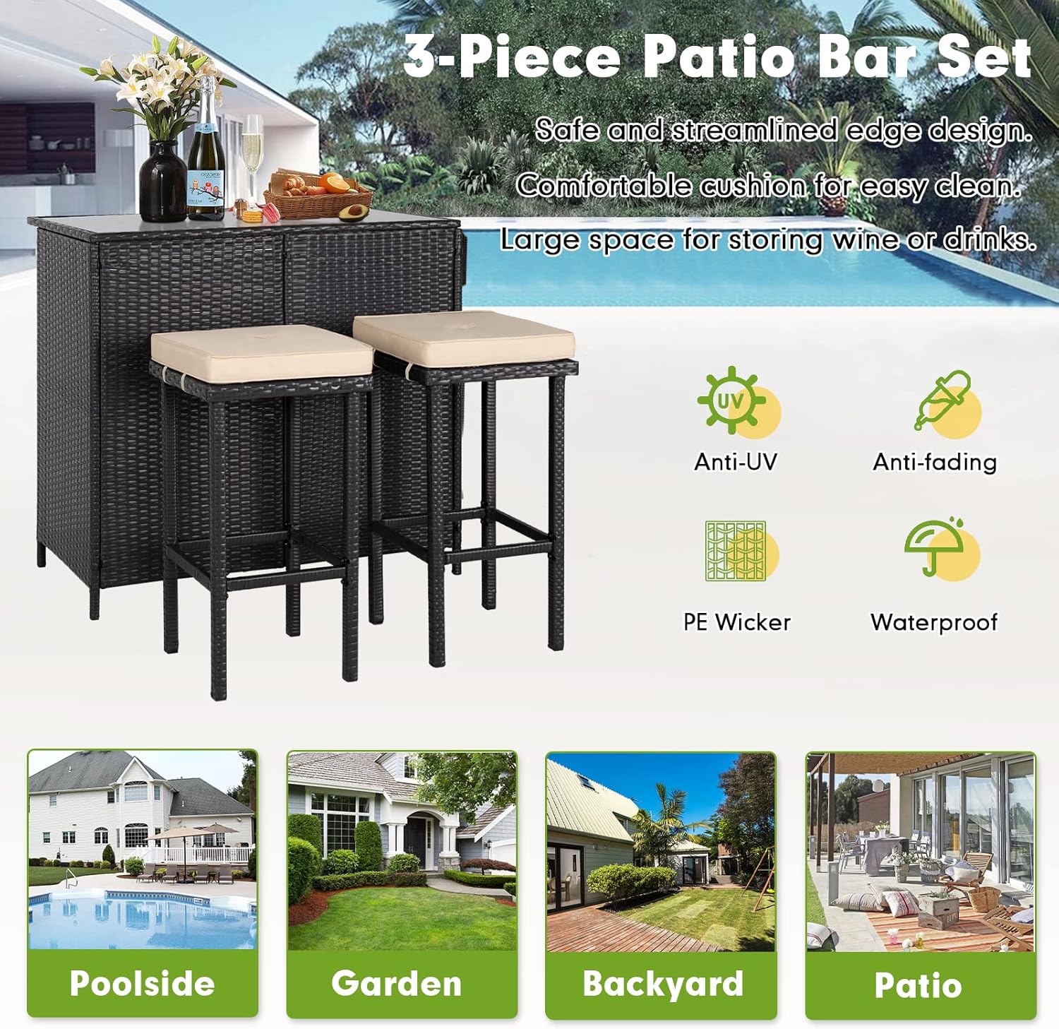 Outdoor Bar 3-Piece Patio Bar Set with Two Stools and Glass Top Bar Table Brown Wicker Patio Furniture with Removable Cushions