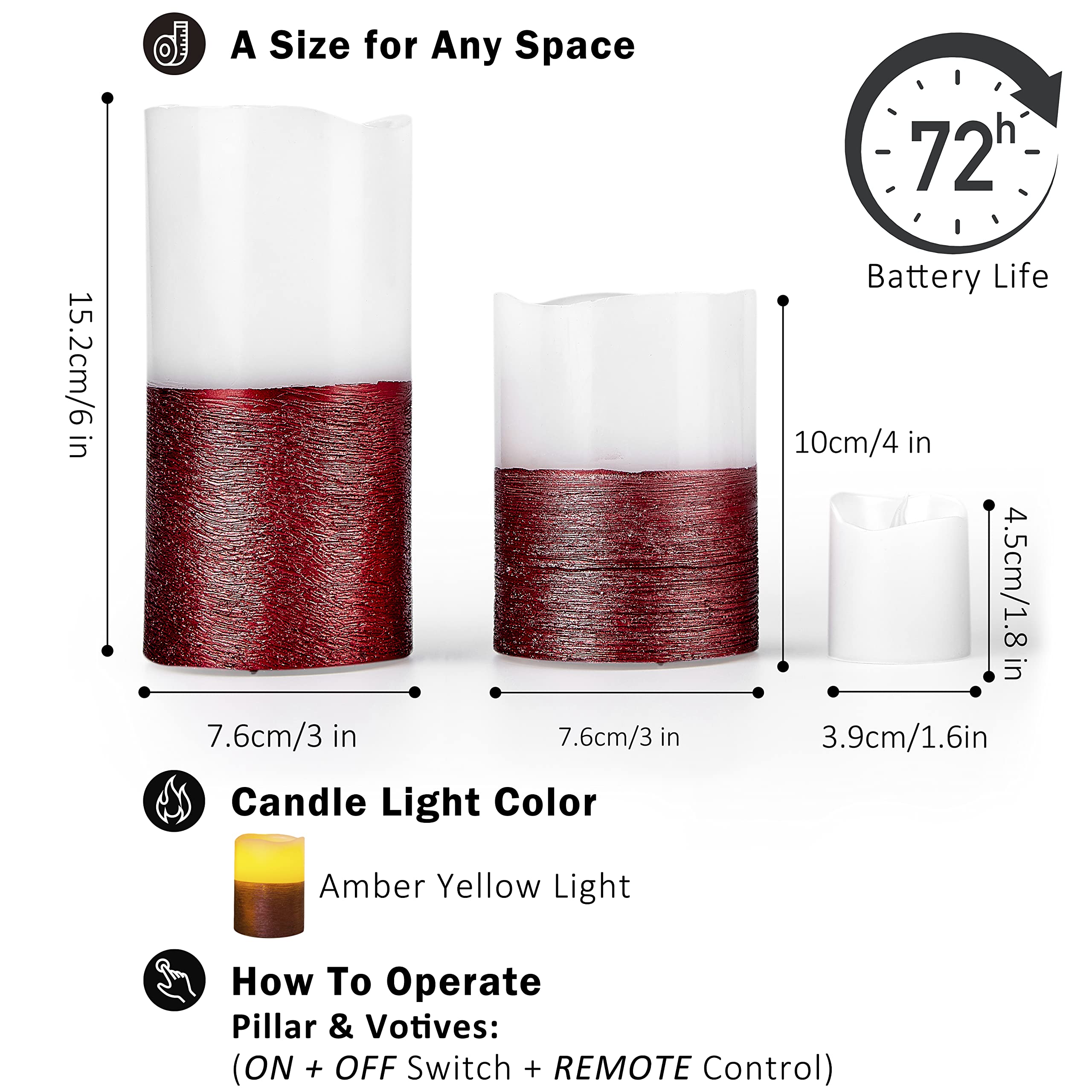 Furora LIGHTING - Candele LED senza fiamma con telecomando, set di 8 pezzi, in vera cera pilastri e candele votive LED con fiamma tremolante e timer, finitura rossa
