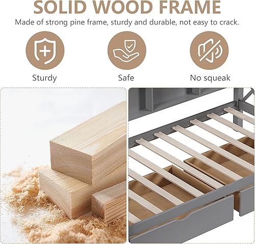 Miniatura 5 de HUMEHA Cama individual para niños, cama de plataforma con 2 cajones, marco de cama Montessori con barandillas y listones de madera, cama de