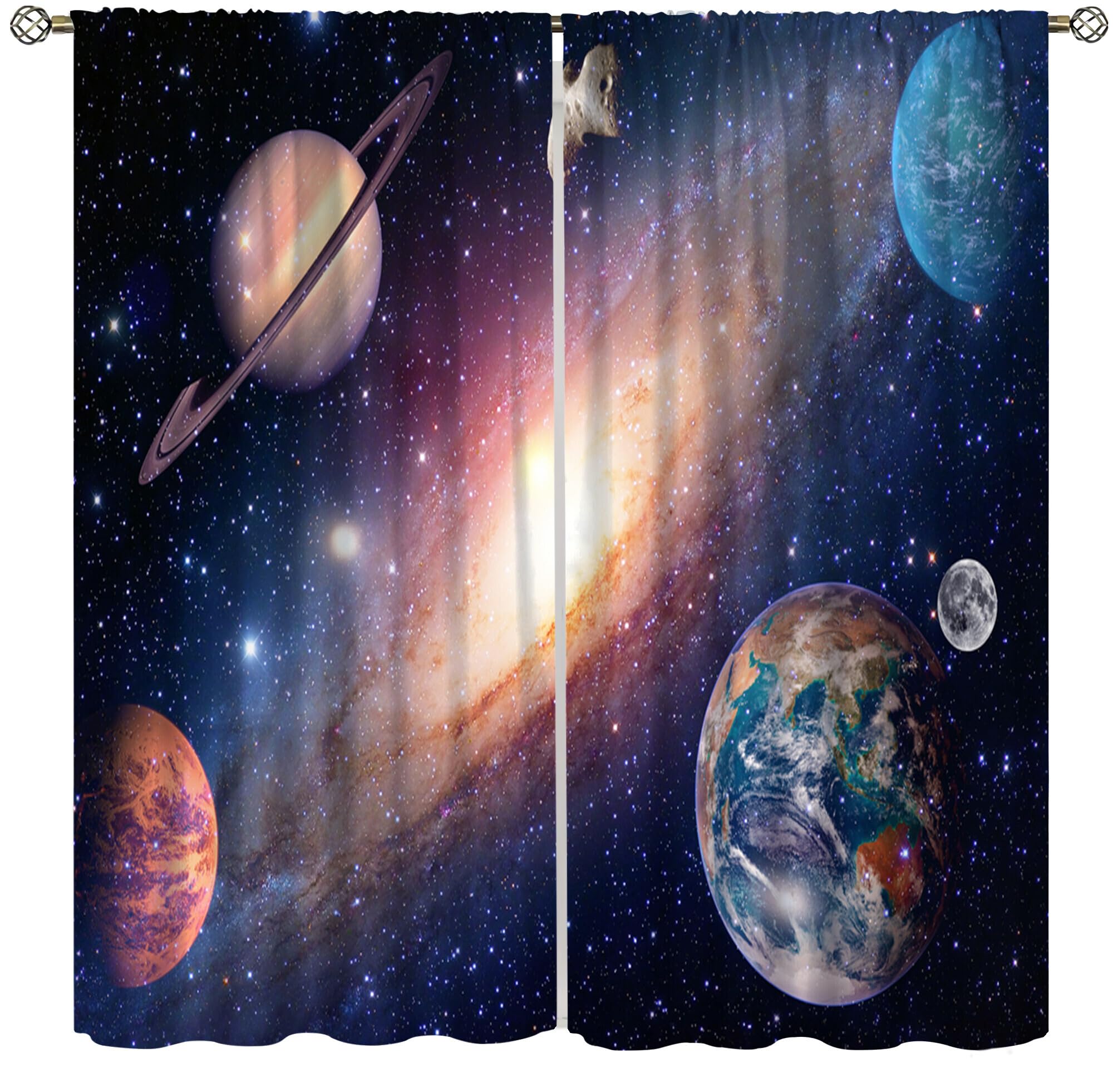 Yoakiet Space Blackout Curtain for Boys, Mysterious Galaxy Universe Planets Starry Planet Print Blackout Window Treatments Drapes for Kids Bedroom