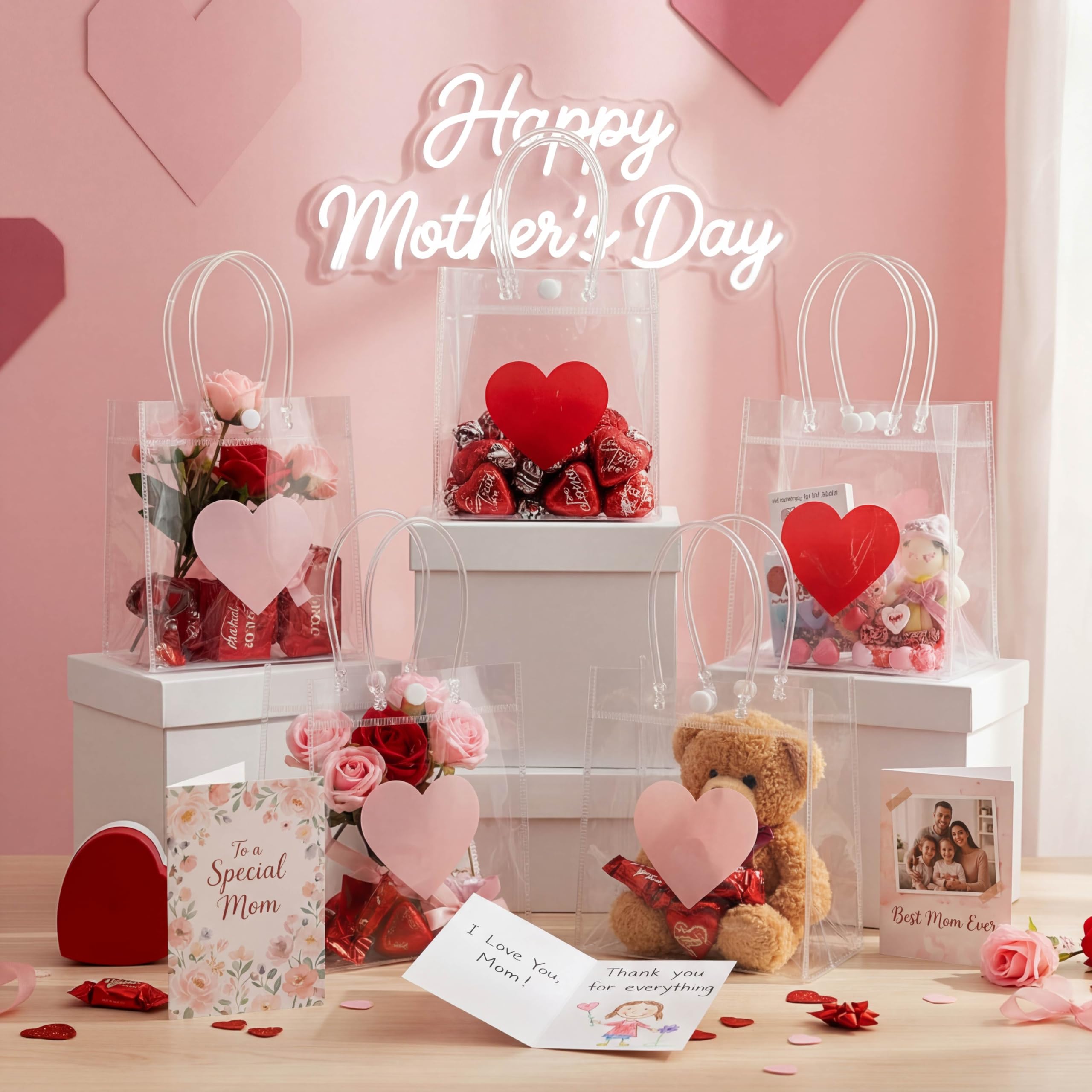 Aliceset 24 Pcs Heart Gift Bags Bulk Clear PVC Gift Bags with Handles Heart Pattern Reusable Transparent Tote for Party Favors Candy Treat for Women Mother`s Day (Love, 6.31"x 5.91"x 3.15")