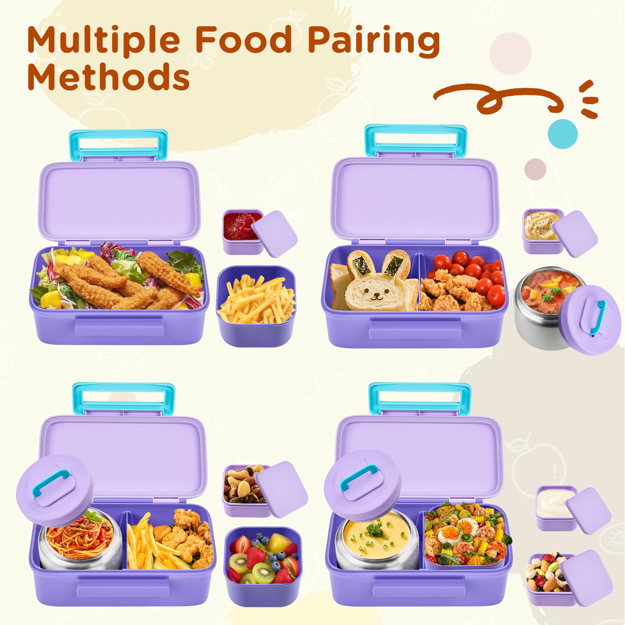Maison HUIS Boîte à bento pour enfants avec thermos à soupe de 236,8 g, sac à déjeuner isotherme et bouteille d'eau de 500 ml, boîte à bento à 2 compartiments avec poche de glace intégrée, étanche et