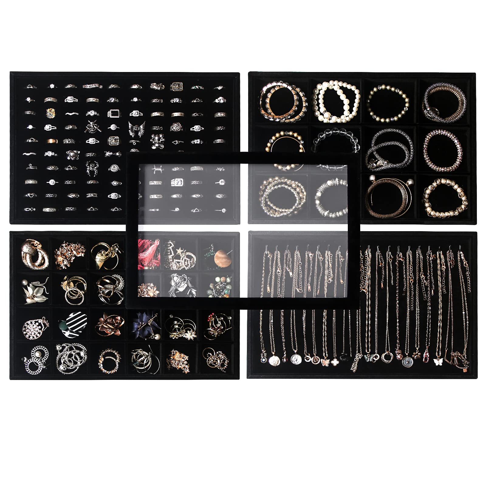 Set di 5 vassoi impilabili per gioielli, anelli, collane, orecchini, bracciali, espositori, vassoi con coperchio in vetro (velluto nero)