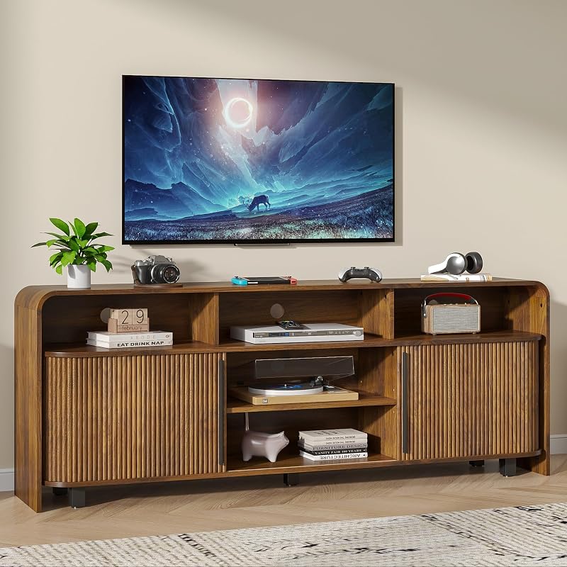 Fluted TV Stand for 75 65 80 Inch TV, 70 Inch Long Walnut Entertainment Center, Large Mid Century Modern TV Console Media, Adjustable Shelves, Sliding Doors, Living Room, Wood image 3