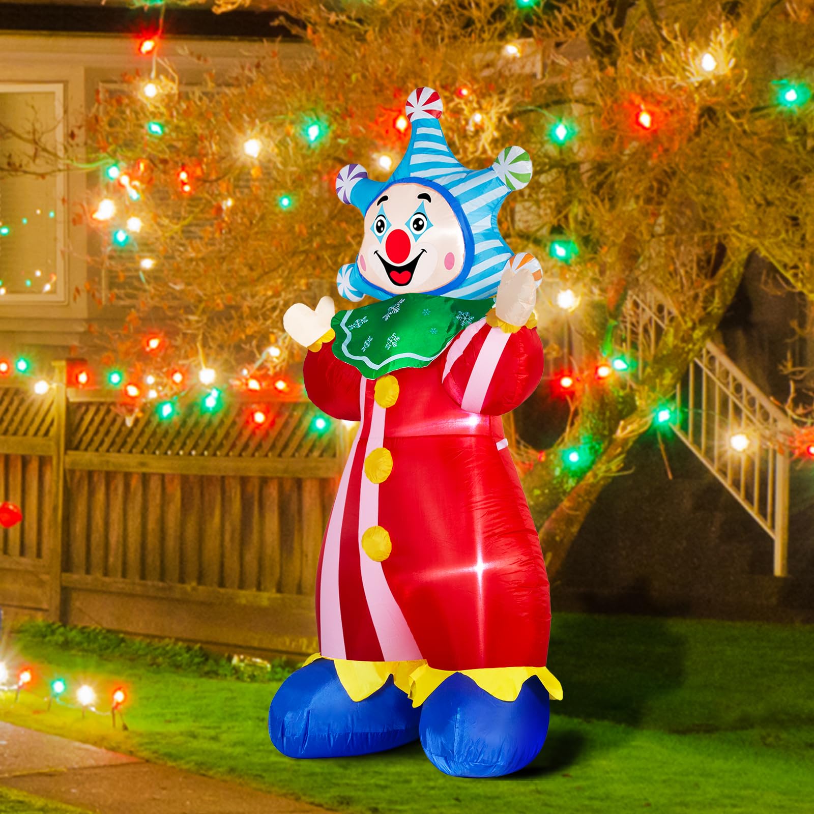 FLATO 6 FT Long Merry Christmas Blow Up Inflatable Decorations, Cute Big-Headed Clown, Outdoor Xmas Decor with Built-in Bright LED Lights for Holiday, Lawn, Party, and Yard Display