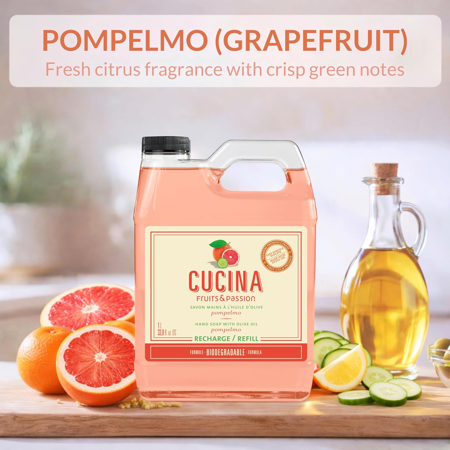 Cucina Fruits & Passion Hand Soap Refill, Pompelmo, 1 L (33.8 fl oz), Liquid Hand Soap with Moisturizing Olive Oil, Biodegradable, Vegan Formula, Kitchen & Bathroom
