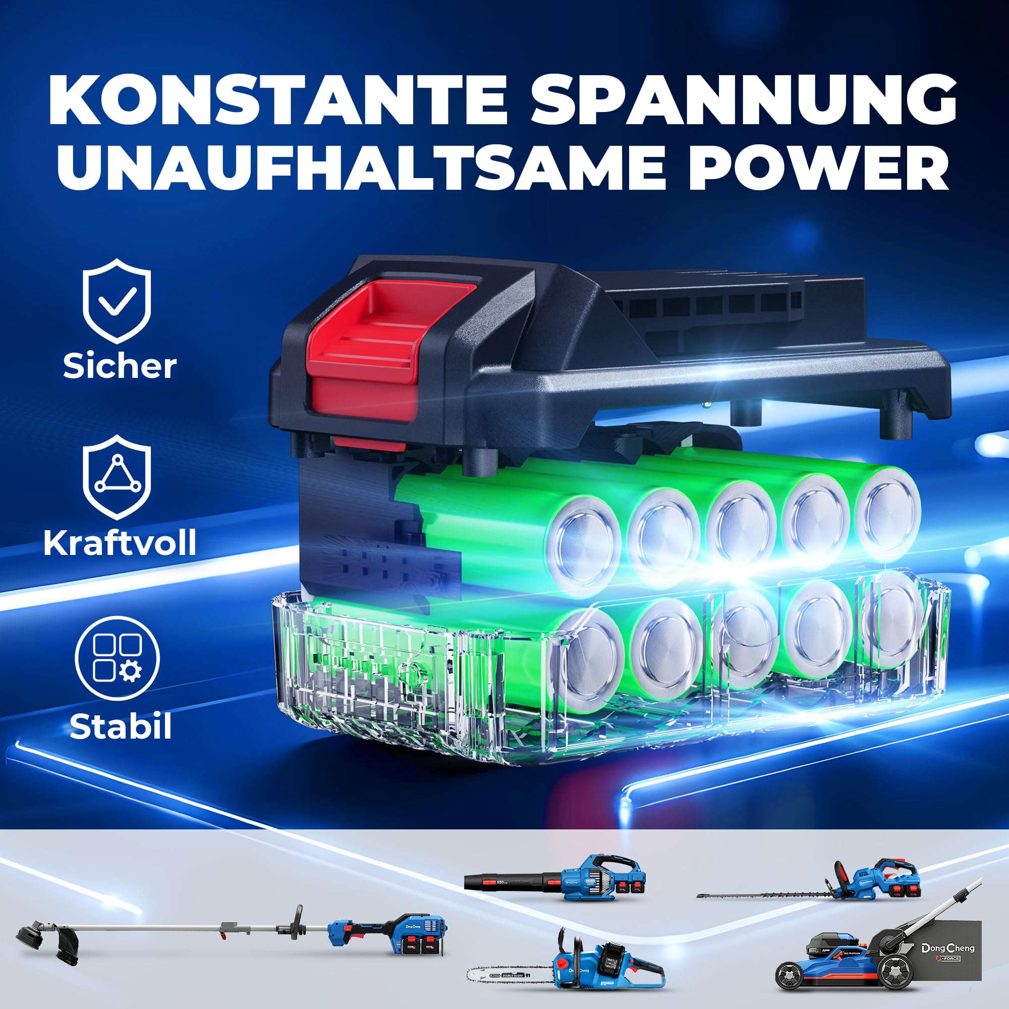 Dong Cheng Akku-Laubbläser 2x20V, 225km/h Luftgeschwindigkeit, 1105 m³/h Luftmenge, 6 Gänge mit Turbo-Modus, inkl. 3 Düsen, für Massenlaub, Gärten, Straßen, Baustellen, Schnee