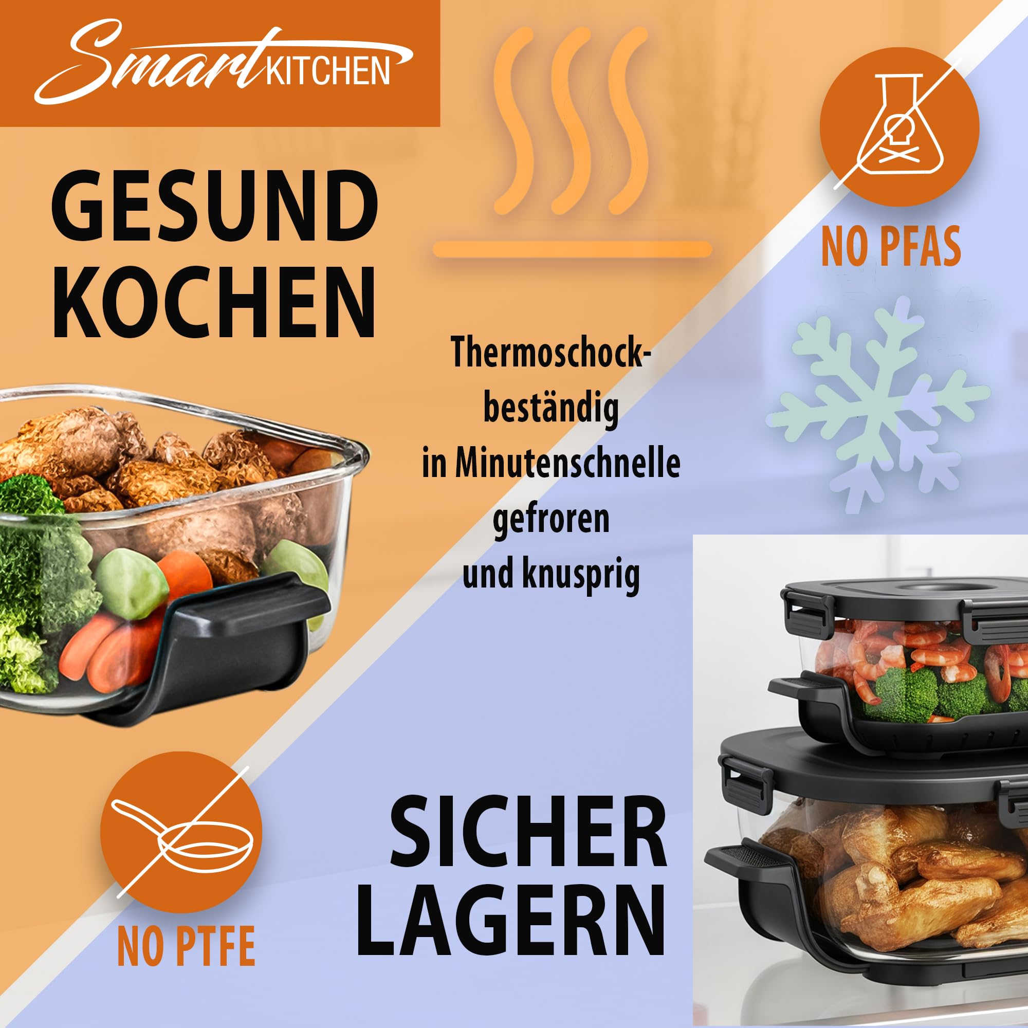 Smart Kitchen Szklana frytkownica na gorące powietrze 4 w 1 – Air Fryer do pieczenia, recrisp i max crisp – 4 l + 1,5 l szklany pojemnik Turbo tower pro – Kompaktowa i przenośna – Czarna
