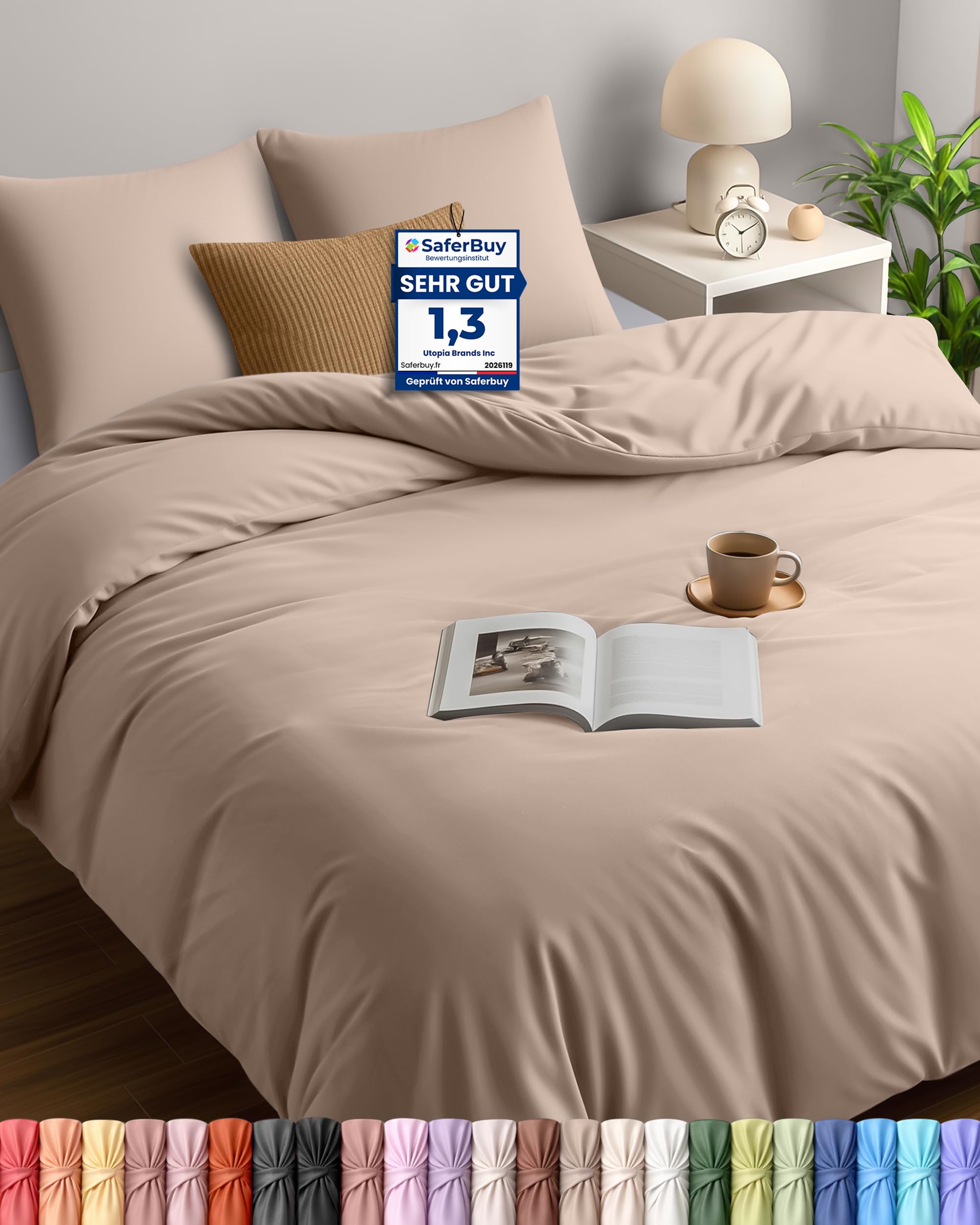 Utopia Bedding Bettwäsche 155x220 cm + 2 Kissenbezüge 80x80 cm, Beige