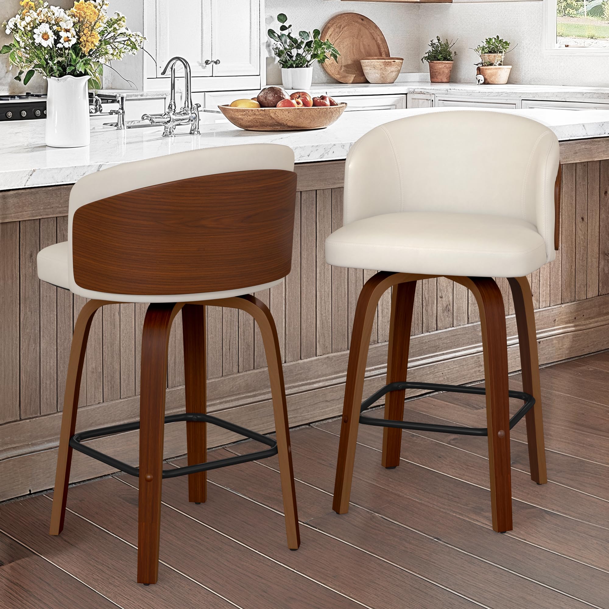 LUE BONA Barhocker 2er Set, 360° drehbarer Barhocker mit Lehne, 65cm Sitzhöhe, Kunstleder & Massivholz, Barstuhl mit Holzbeine und Fußstütze, Barstühle für Bar, Esszimmer, Kücheninsel, Cremeweiß