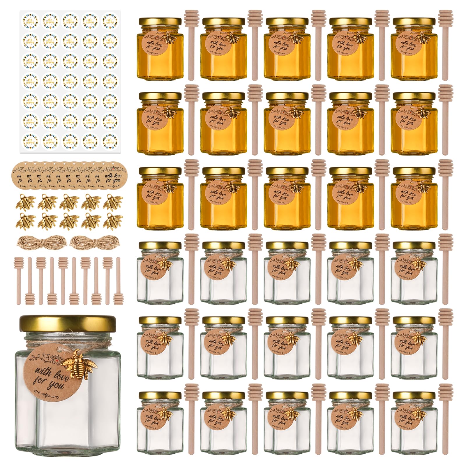 3 oz Mini Honey Jars with Dipper, 30 Pack Glass Hexagon Honey Jar for Baby Shower, Empty Glass Jars for Wedding Favors and Party