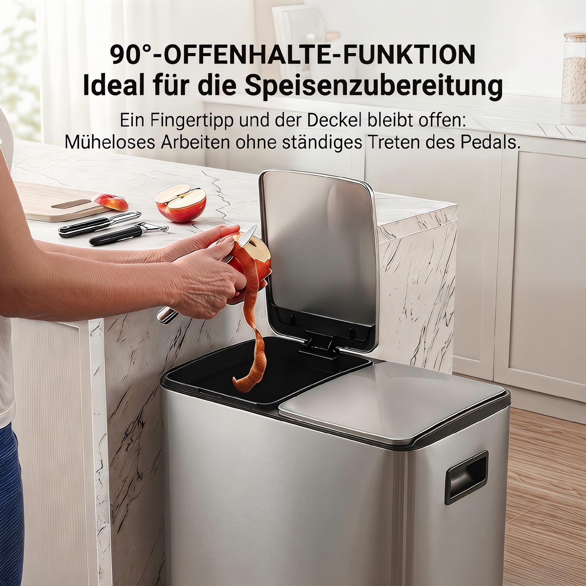 Mülleimer Küche 2 x 19 L(38L), Edelstahl Treteimer mit Deckel, Mülltrennsystem 2 Fächer, Abfalleimer mit Softclose, Fingerabdruckresistent, Pedaleimer mit Inneneimer für Küche Haushalt