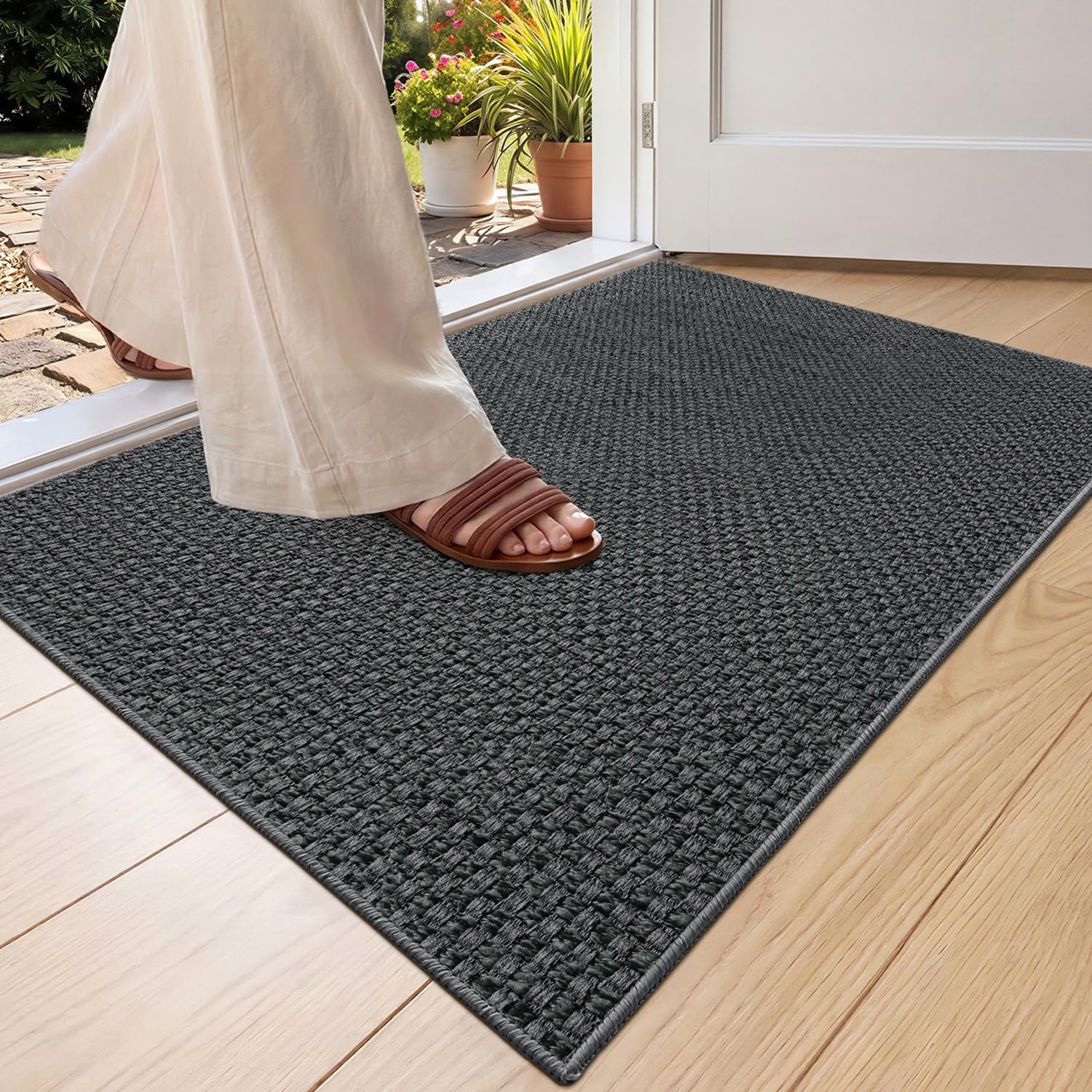 COLOR&GEOMETRY Thin Door Mats Indoor 60x90cm, Non Slip Front Door Mat Inside (Rolled-up NO Creases), Low Profile Inside Doormat, Easy to Clean Doormat, Floor Mat For Entryway, Patio, Dark Grey