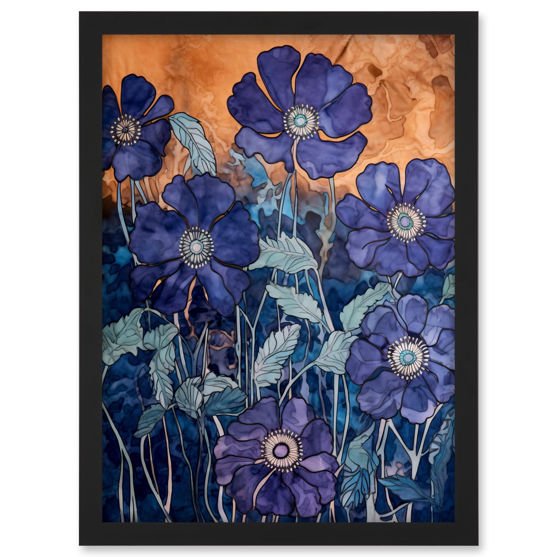 Artery8 Anemone Flower Blue and Amber Watercolour Painting Artwork Framed A3 Wall Art Print