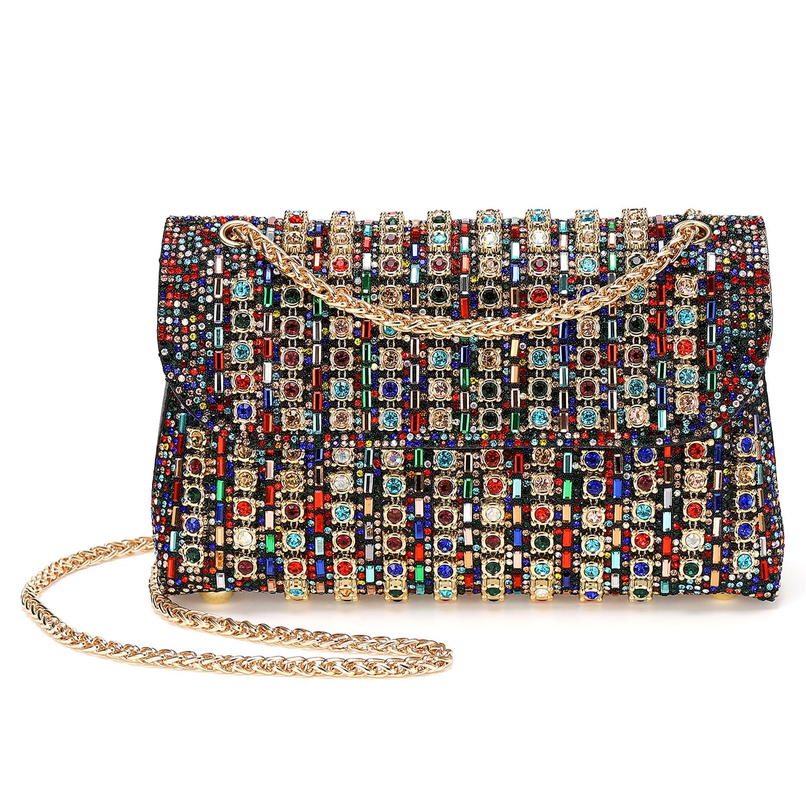 DTGN Pochette da sera da donna, formale, borsa a tracolla con catena a tracolla con strass di cristallo, scintillante ed elegante, per matrimoni, sposa, ospiti, feste, colorate, Colorato, L (US 12)