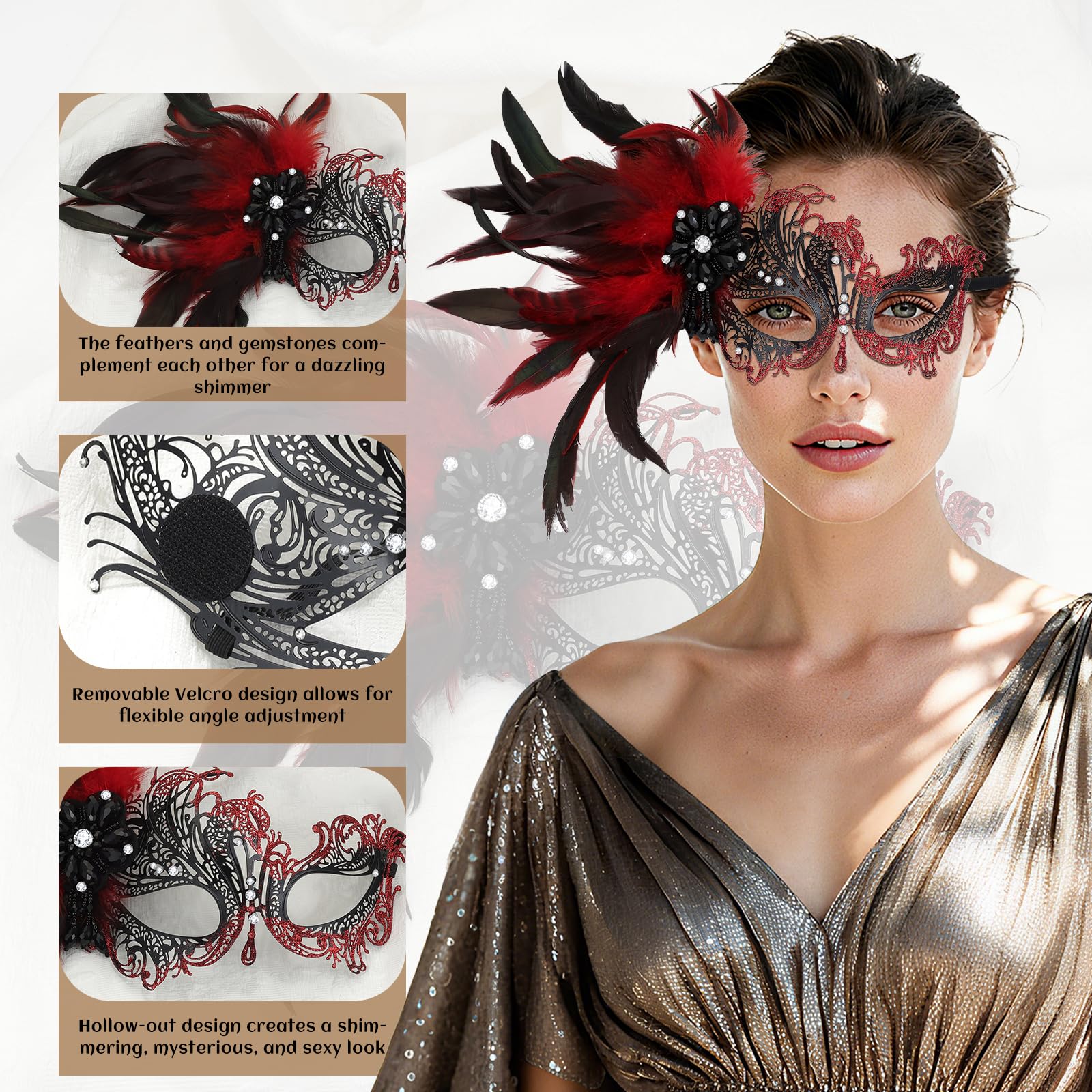 Oidea Feather Masquerade Mask for Women: Rhinestone Lace Metal Half Face Antique Venetian Mardi Gras Masks Halloween Cosplay Party Prom Ball Costume Accessory Red - Image 4