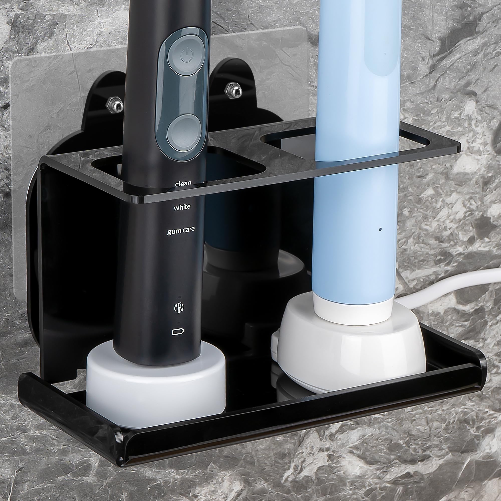 Luexbox Black 1Pack Electric Toothbrush Wall Holder, Wall Mount Cord Organizer Holder, Adhesive Power Toothbrush Stand, Bracket For Bathroom, Medicine Cabinet Dorm, Holds 2 Chargers (Black)