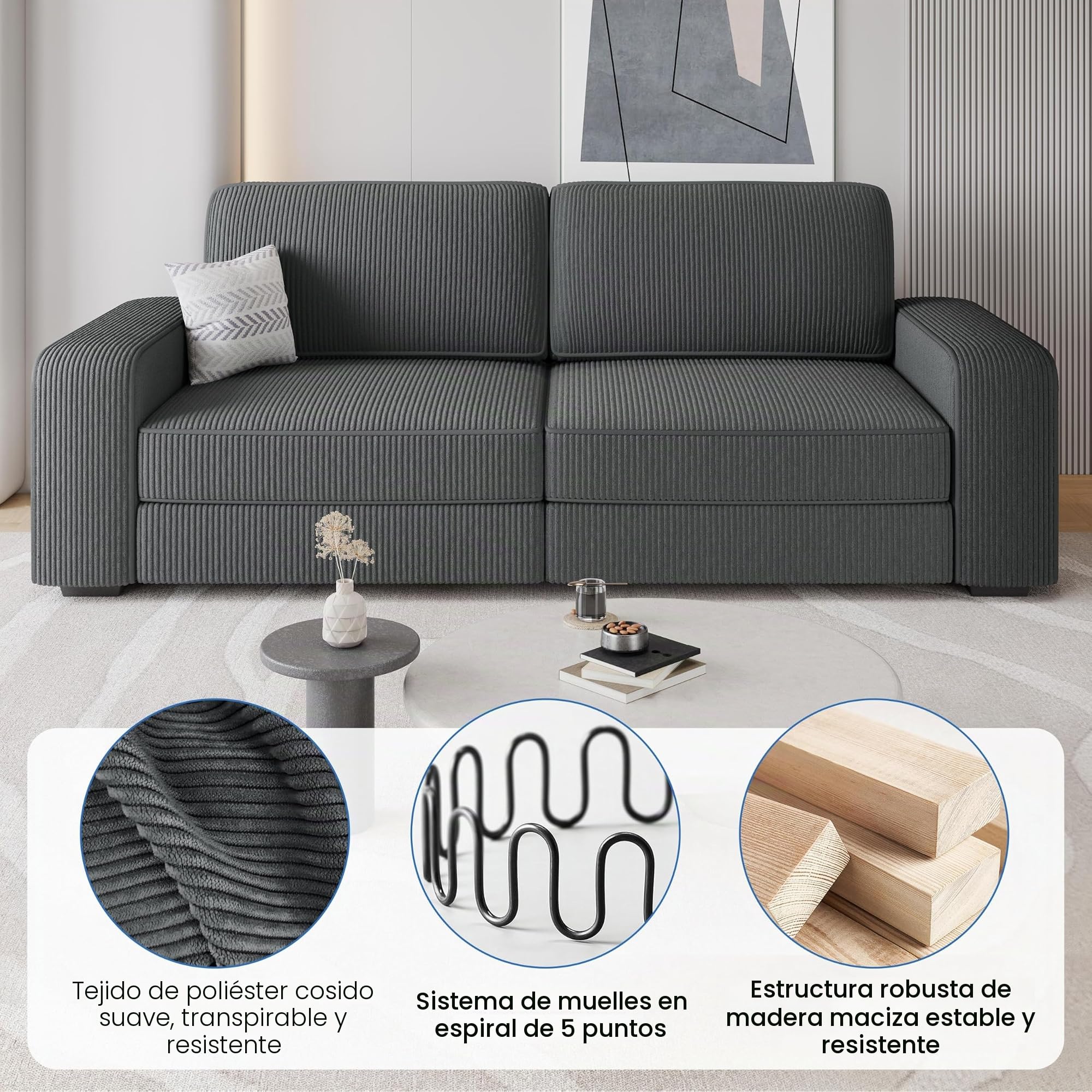 Yaheetech Sofá de 2 Plazas Tapizado de Pana con Cojines Extraíbles Gris | Sofá de 2 Plazas 212 X 81 cm, Capacidad Max Carga 272 KG, Cojines Extraíbles, Estilo Moderno, Bolsa Lateral