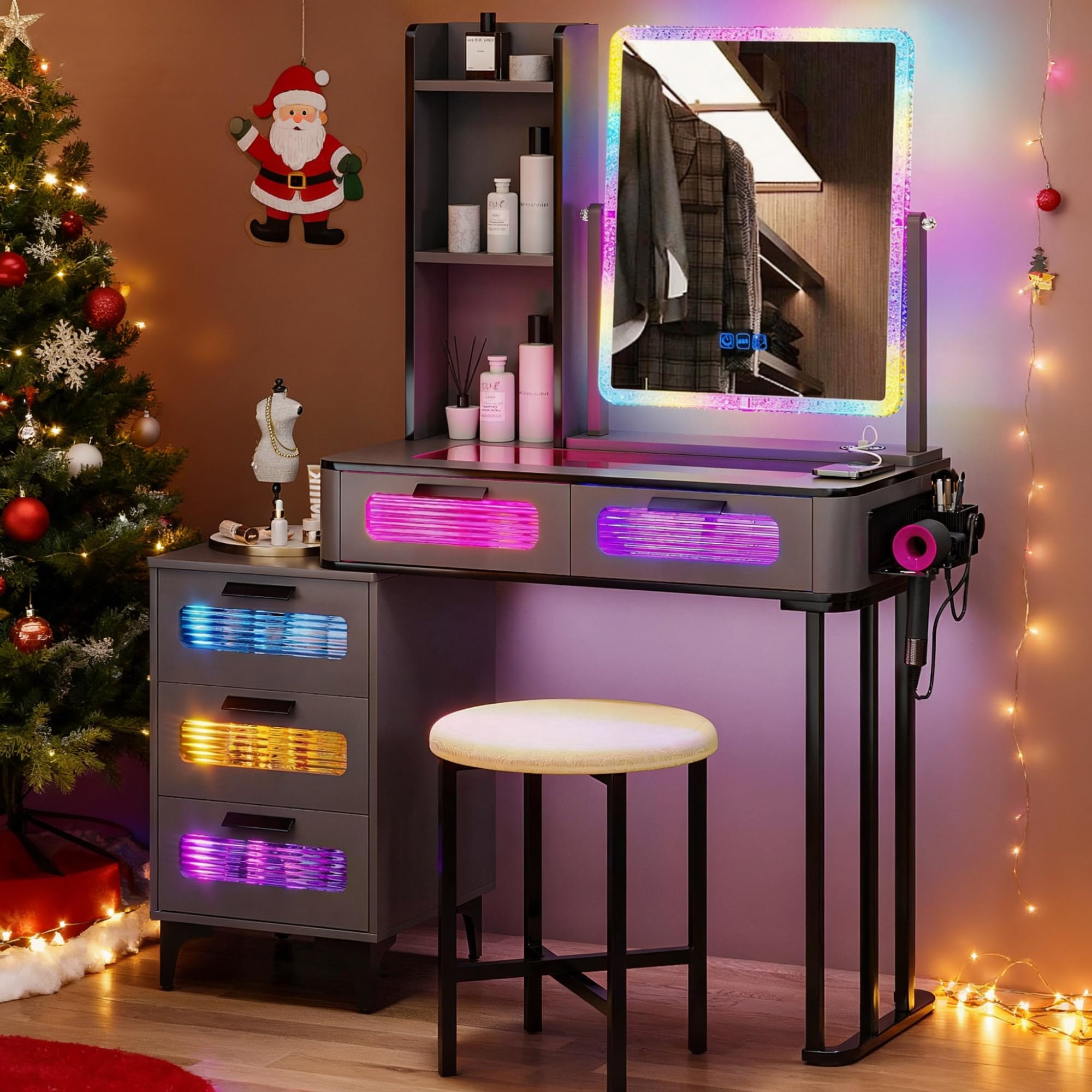 Gurexl RGB Makeup Vanity Desk with Mirror and Lights, Modern Vanity Set with Chair, LED Dressing Table with 6 Drawers and Charing Station for Bedroom,