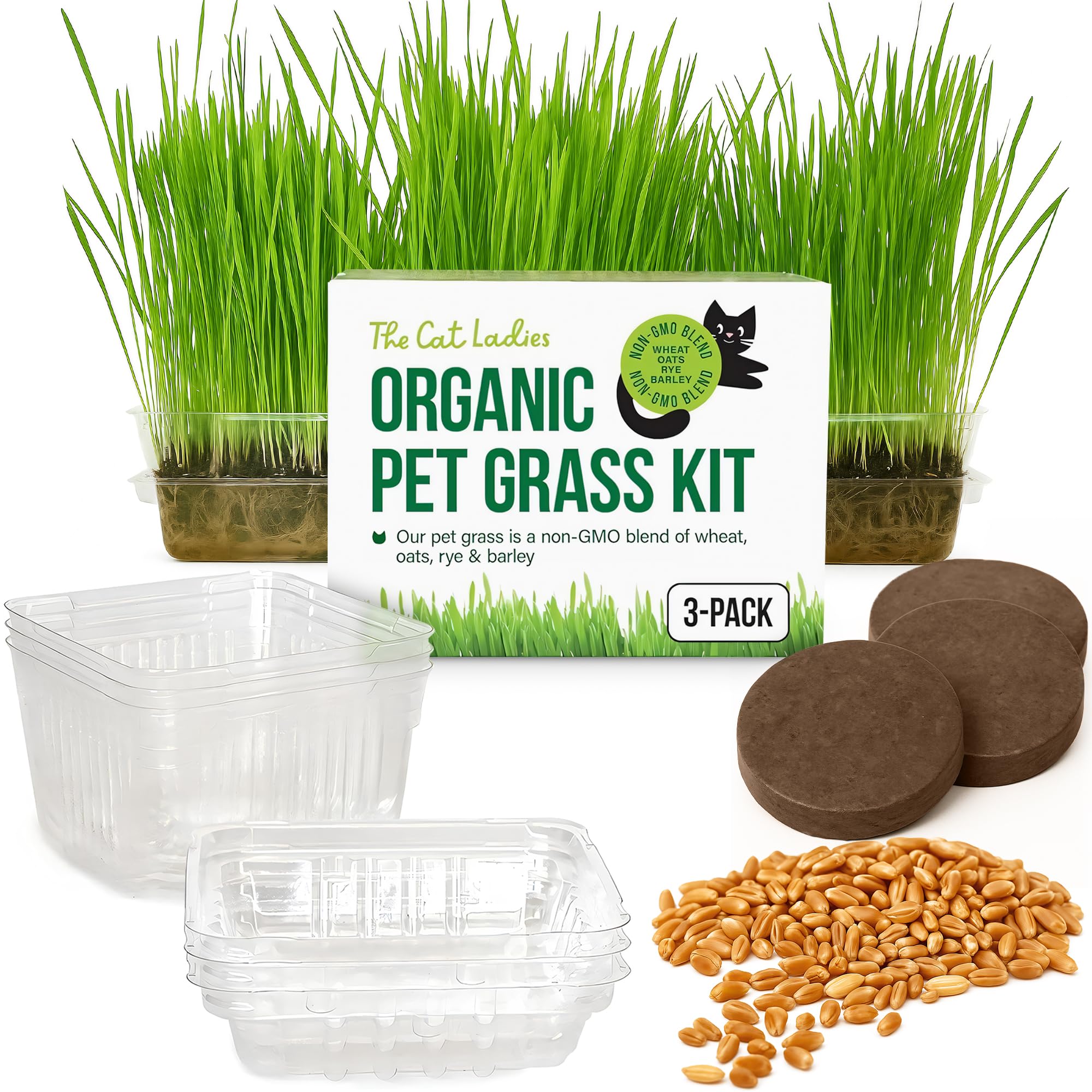Cat Grass for Indoor Cats - Growing Kit - Organic Cat Grass Seeds, Soil and BPA Free Containers (Non GMO) - Locally Sourced Seeds! (3 Pack)