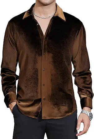 Alex Vando Mens Velvet Shirts Regular Fit Long Sleeve Soft Stretch Casual Button Down Shirt