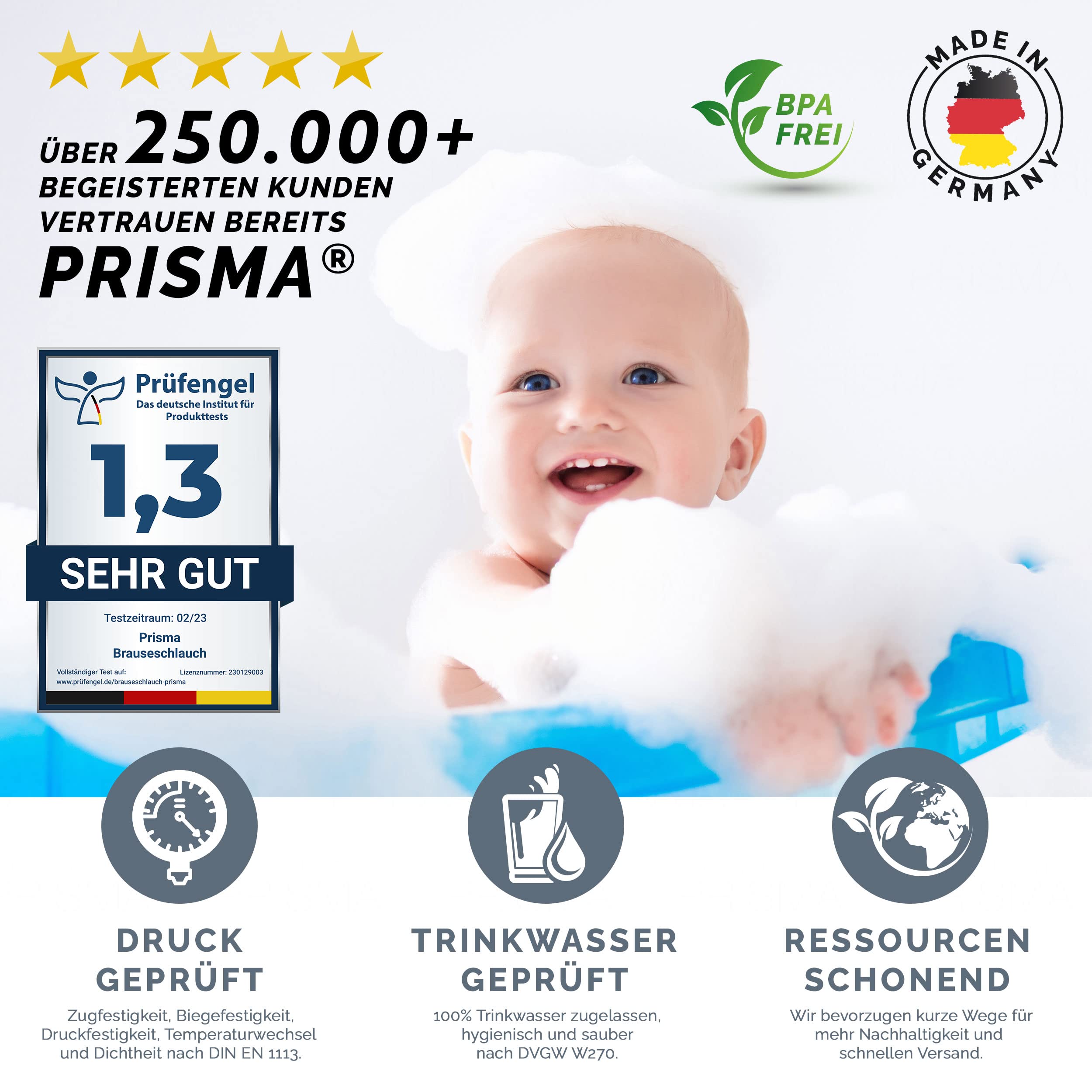 PRISMA Tubo flessibile per doccia, 125 cm, nero, con doppia protezione contro la torsione, prodotto in Germania, estremamente flessibile, anti-torsione, tubo doccia con rotella girevole, colore nero
