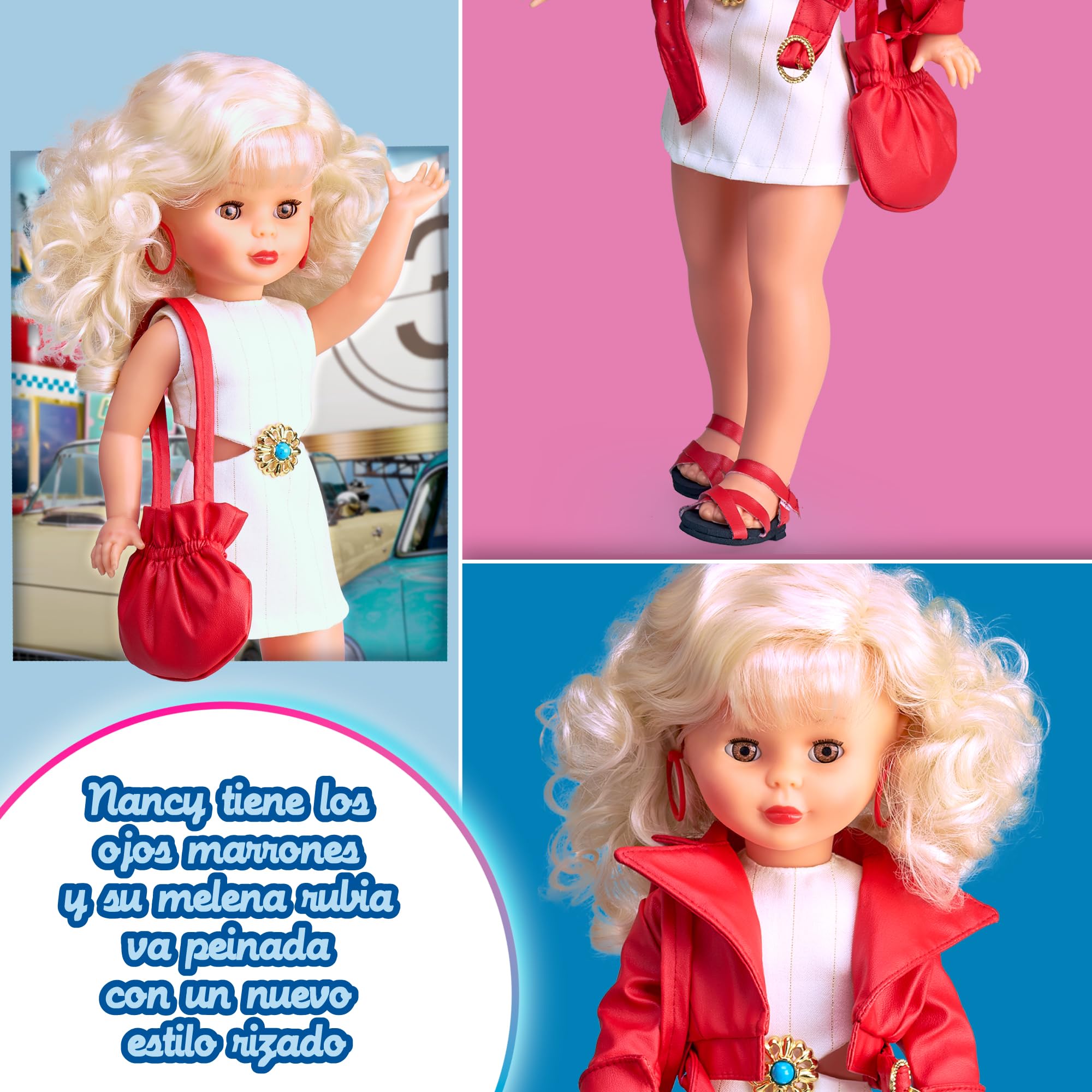 Nancy Colección Evasión, Muñeca Reedición de Principios de los 2000 con Vestido Blanco, Bombonera, Cazadoras y Zapatos Rojos, Muñeca para Coleccionistas con Certificado Oficial, Famosa (NAL20000)