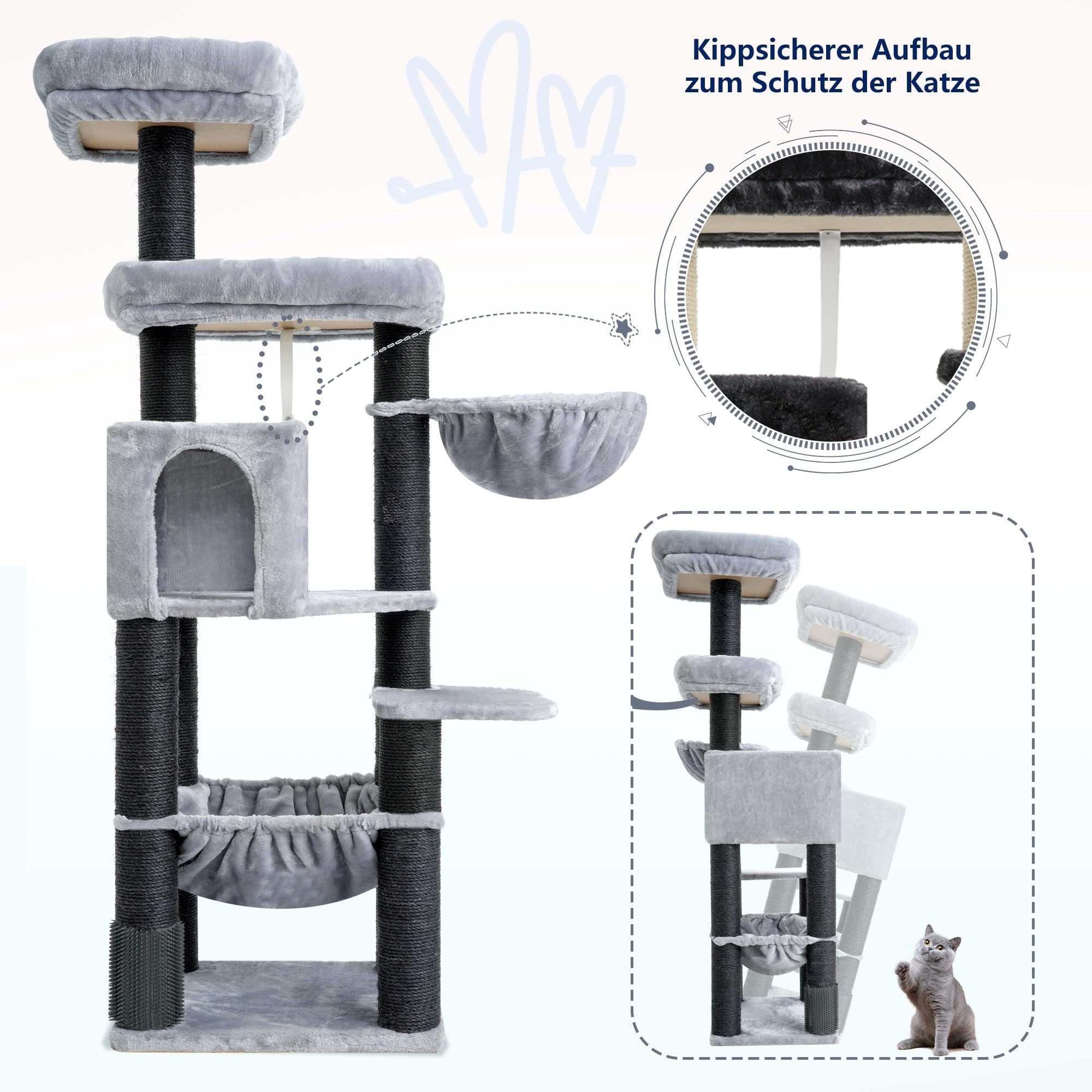 Hey-brother XXL Kratzbaum für Maine Coon, Sisal-Kratzpfosten(φ11cm), MPJ01W | 168cm Katzenbaum für groß Katzen, mit dicker Sisal-Kratzpfosten, Grosse Hängematte, 2 Plattformen, Höhle, Korb, Hellgrau