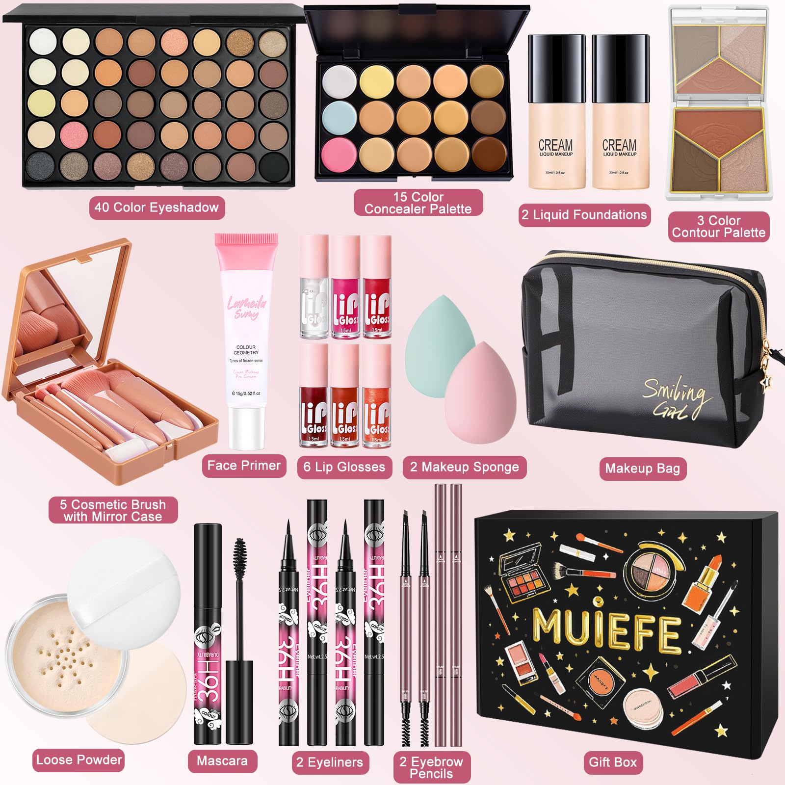 Set Maquillaje Mujer, Kit Maquillaje Profesional Completo, Estuche Regalo Maquillaje Adolescente con Paleta Sombras de Ojos Paleta de Corretores Contorno Fondo Mascara Brillo Labial Línea Ojos
