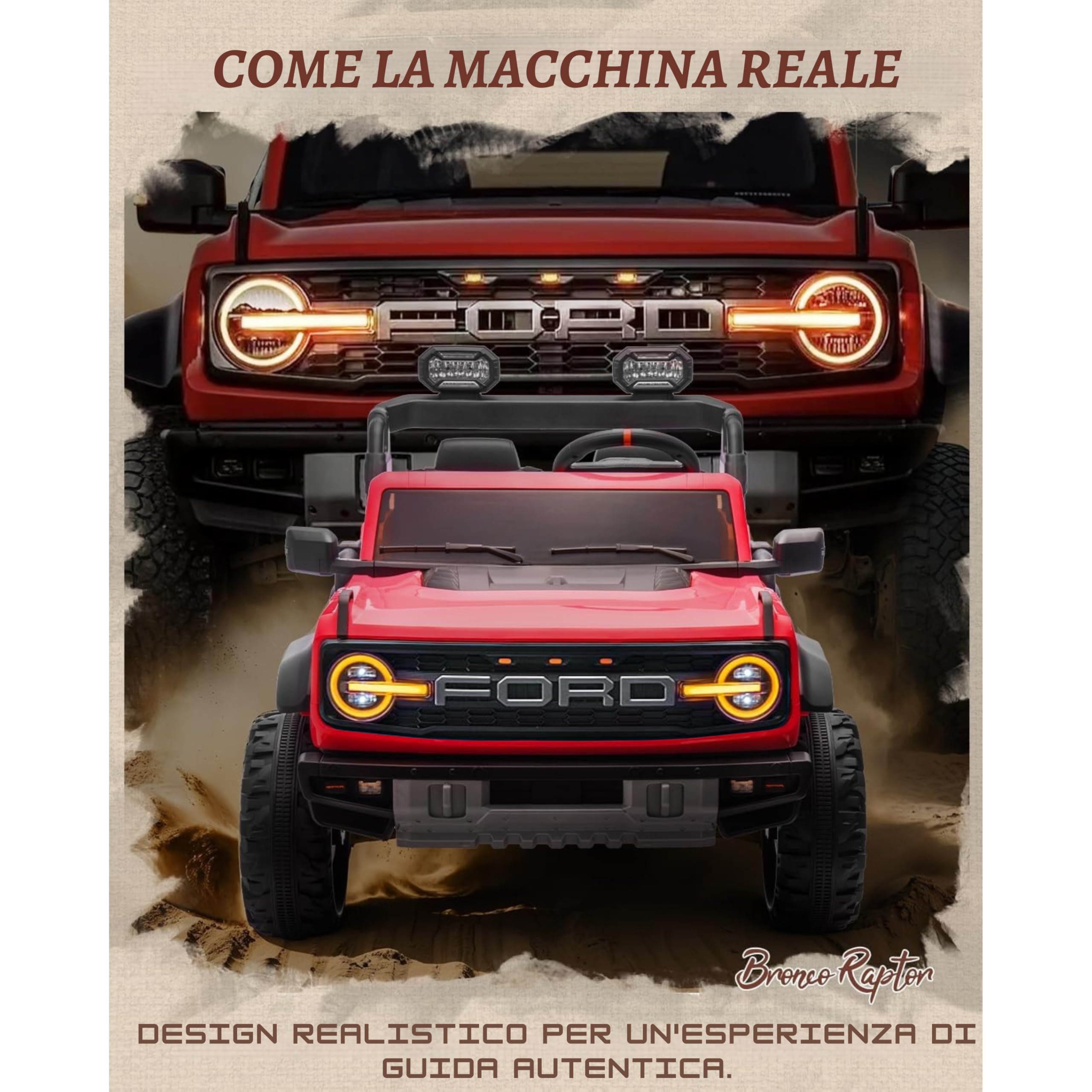 Ford Bronco Raptor 24V Maxi Fuoristrada 2 Posti Auto Macchina Elettrica per Bambini Telecomando Luci a Led Bluetooth Ammortizzatori Carico Massimo 60 Kg (Rosso)
