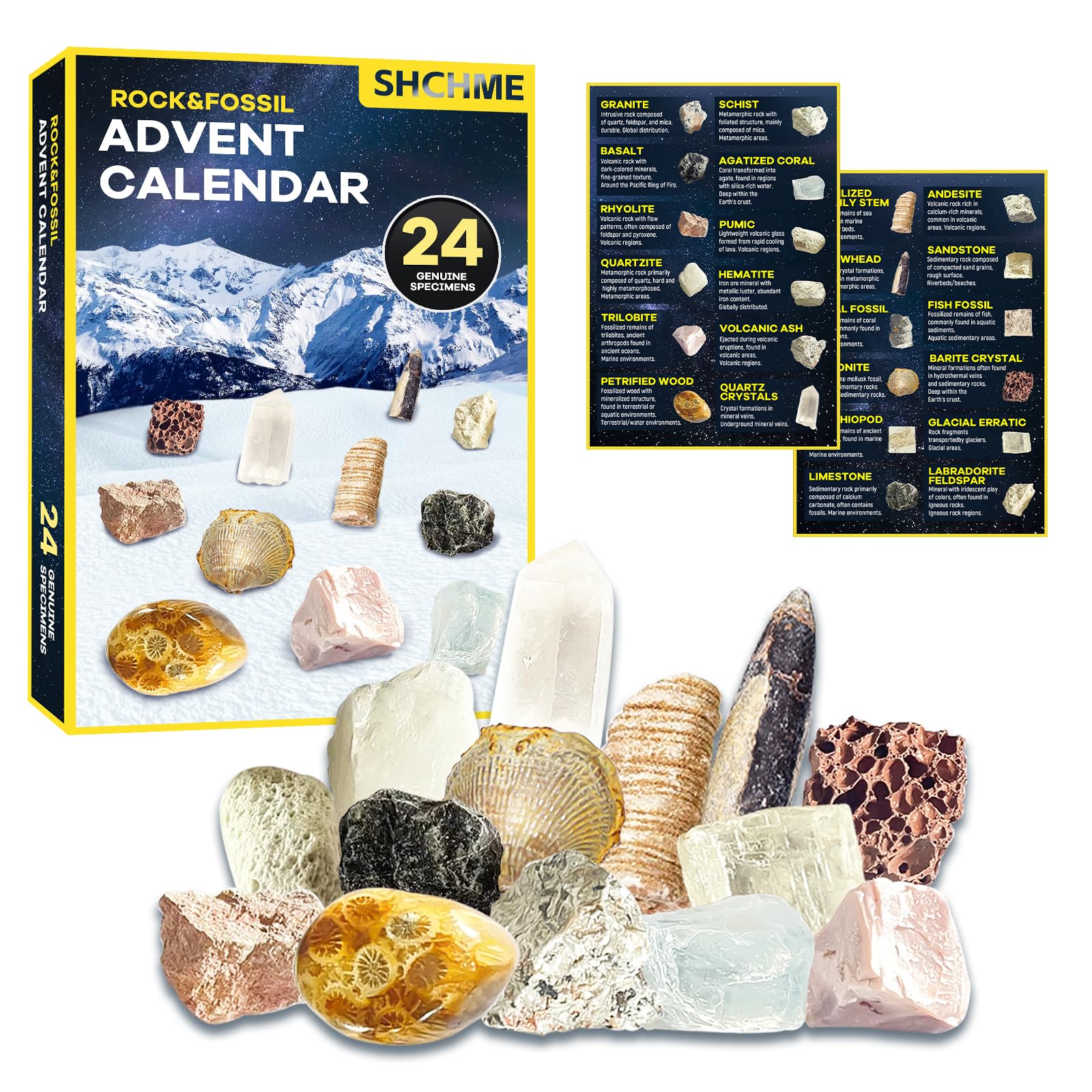 SHCHMEAdvent Calendar 2024, Rock and Fossils Minerals Collection Advent Calendar 24 Gemstone for Christmas Countdown Calender for Kids