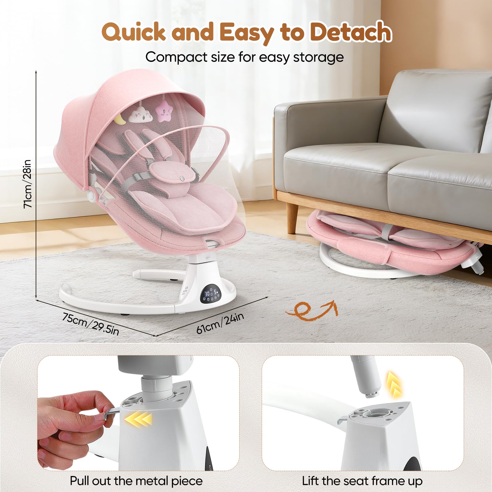 Hamaca eléctrica Bebe con arnés de 5 Puntos, 5 Modos de balanceo, Temporizador de 3 Niveles, Mando a Distancia y música, se Puede Utilizar en Interiores y Exteriores (Rosa)