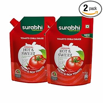 Surabhi -Tomato Chilli Sauce (Hot & Sweet) - 450 g | Tomato Chilli Sauce with Fiery Chilies and Ripe Tomatoes, Versatile Condiment for Snacks, Dips and Dishes (Pack of 2) - image, photos
