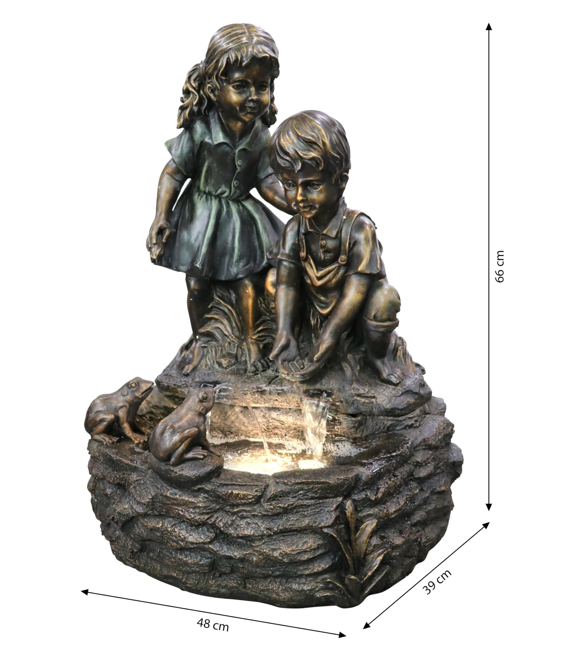 Dehner Gartenbrunnen Amici, Solarbrunnen frostbeständig, Brunnen für Außen, mit LED Beleuchtung, ca. 66 x 48 x 39 cm, Polyresin, Bronze