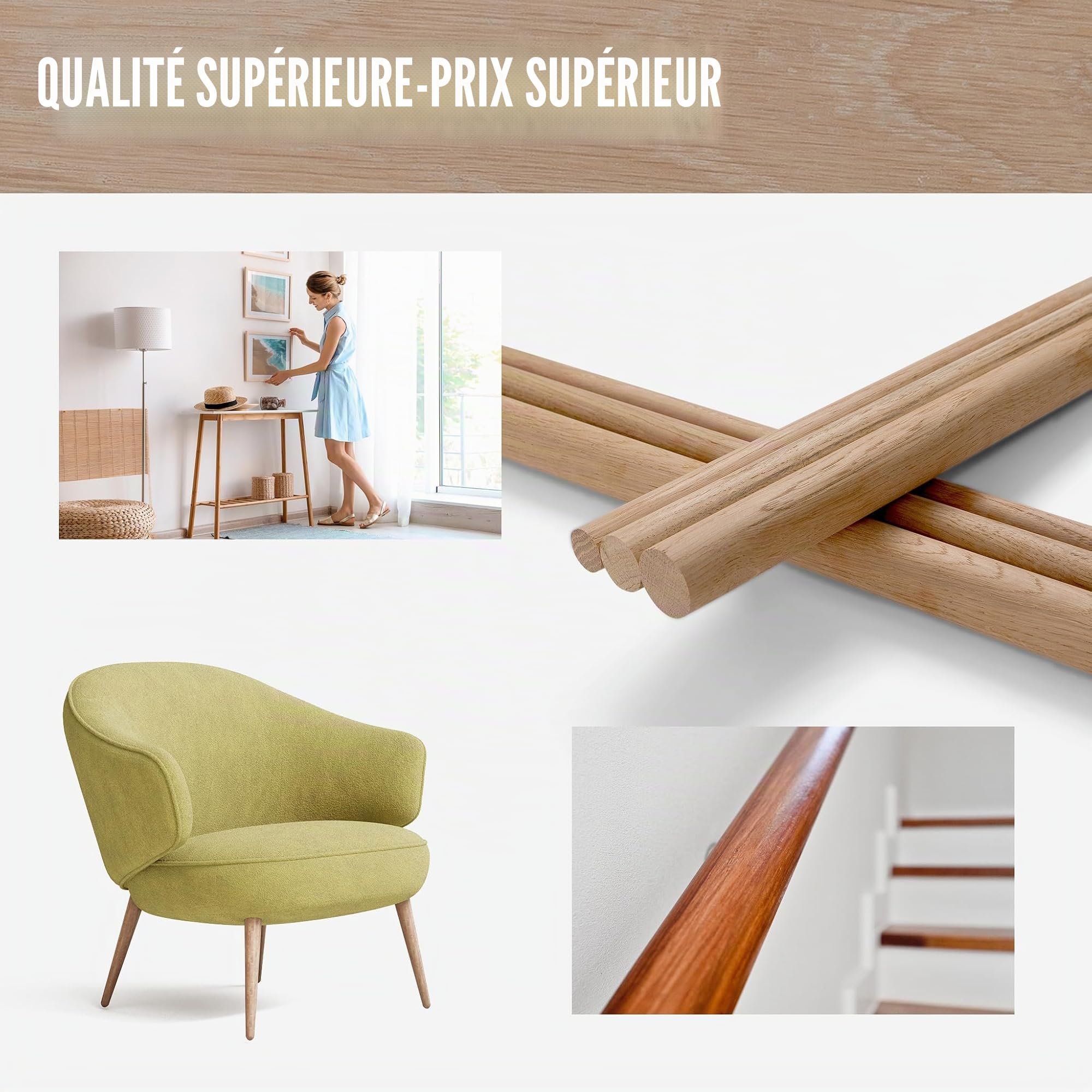 Barre ronde en chêne - Diamètre : 30 mm - Longueur : 300 à 1 000 mm - Tige en bois massif rabotée lisse - Naturelle et séchée techniquement - Idéale pour la construction de meubles et le