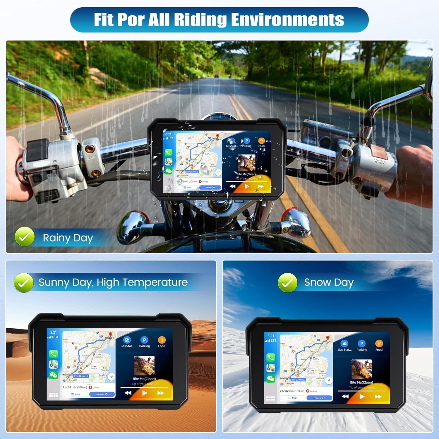 Pantalla GPS CarPlay para moto con reproducción inalámbrica y Android Auto, pantalla táctil portátil impermeable de 5 pulgadas Pantalla GPS CarPlay para motocicleta con soporte Bluetooth + sistema de