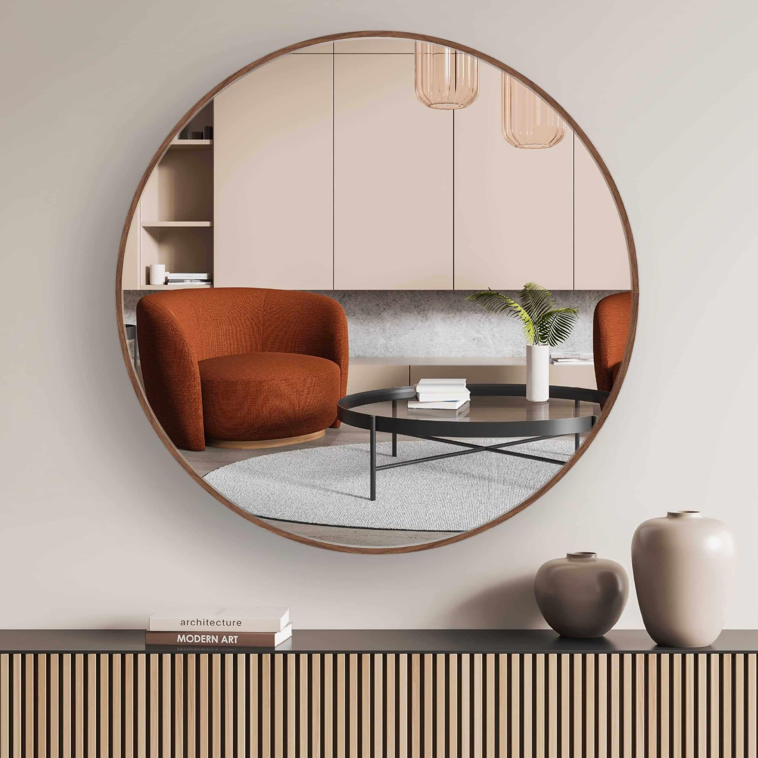 Nielsen Jaron Round Aluminium Wall Mirror - 80cm Diameter - Walnut Brown