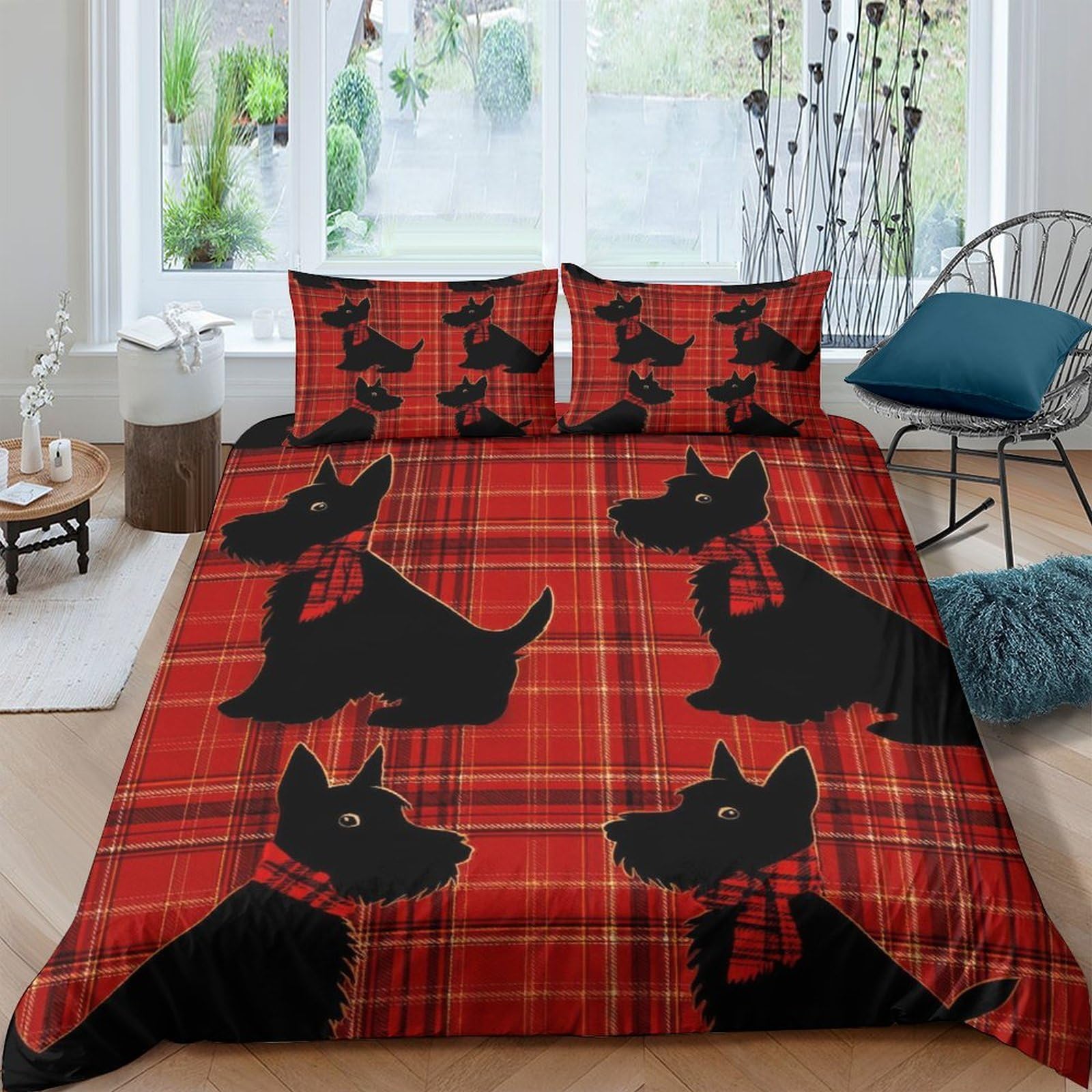 Ctjqhvkz Style-6 3D Printed Scottish Terrier Plaid Fitted Sheet Microfiber Red Tartan Bed Cover For Bedroom Dorm Mattress Decor Single（135X200cm）