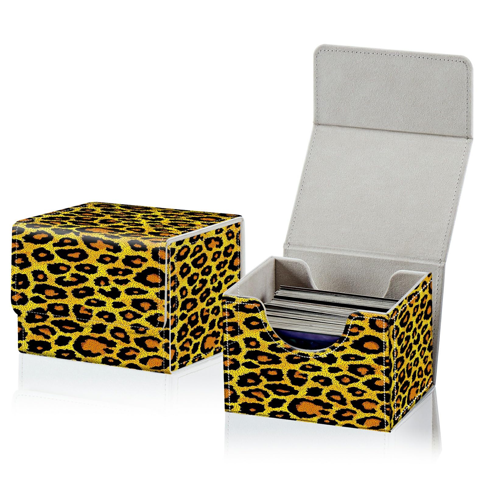 RWUTYTIUL Card Deck Box for MTG, Cards Storage Box Fits 120+ Sleeved, Leather Small Size Strong Magnetic Closing Card Case for Board Games Magic TCG CCG Baseball Collection, Yellow Leopard Print