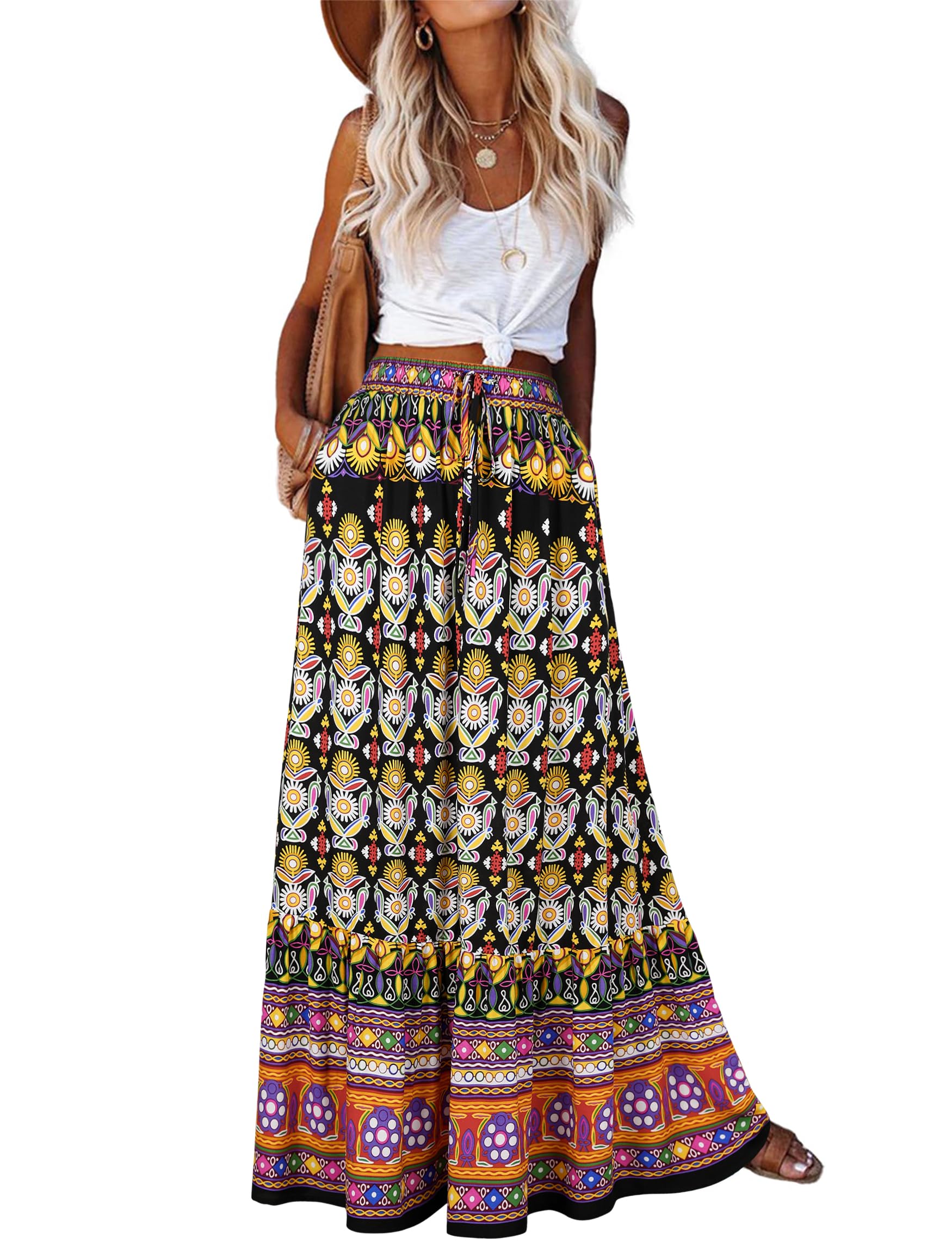 Bsubseach Maxi Skirts for Women 2026 Boho Skirt Long Flowy Skirts A Line Floral Skirt with Pockets Bohemian Trendy Summer