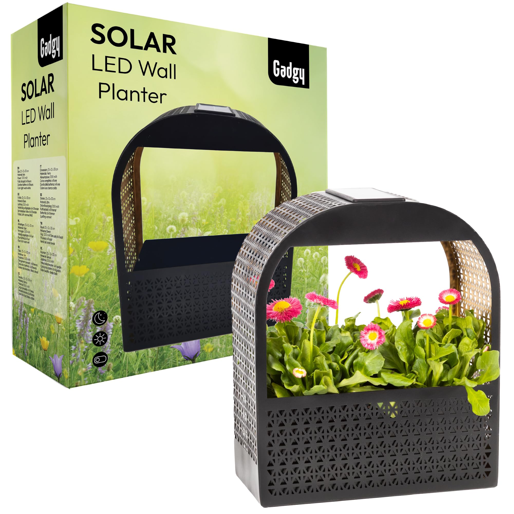 Gadgy Solarna lampa ścienna z doniczką – wazon ścienny, ciepłe, białe światło, dekoracja ścienna, balkon, kwietnik z oświetleniem, odporne na warunki atmosferyczne, oświetlenie ogrodowe, tarasy