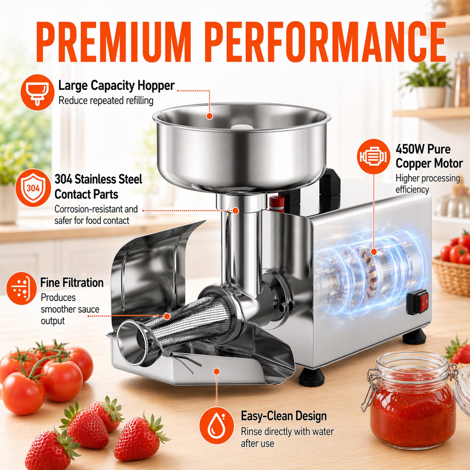 Macchina per salsa di pomodoro 450 W, per cucina di casa e lavorazioni in quantità, con acciaio inox 304, per passata, purea e conserve